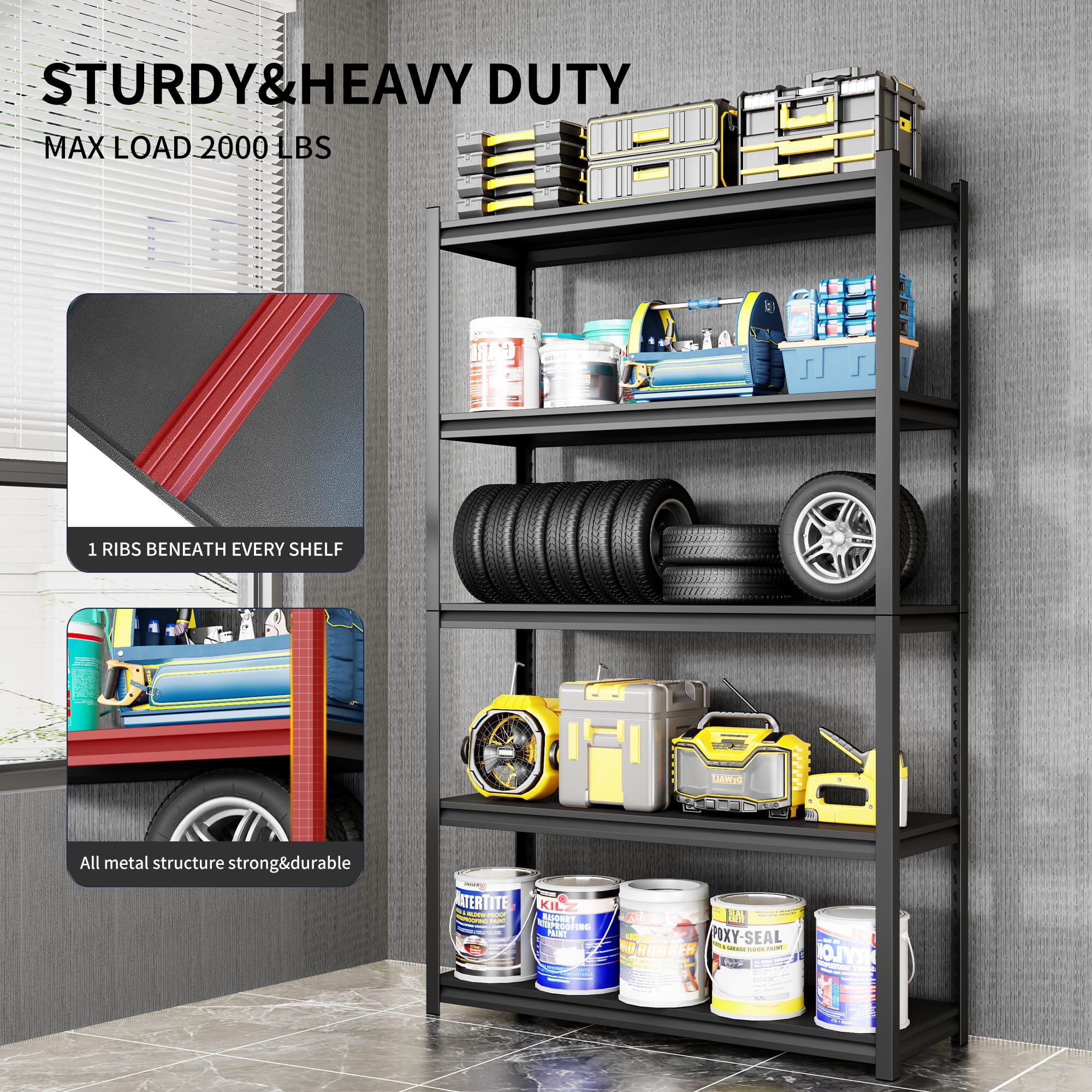 Heavy Duty 5-Tier Adjustable Metal Garage Shelving Unit - 3000 lbs Capacity for Garage, Basement, Warehouse & Kitchen Storage - Durable Storage Shelves for Organizing Tools, Supplies & Household Items