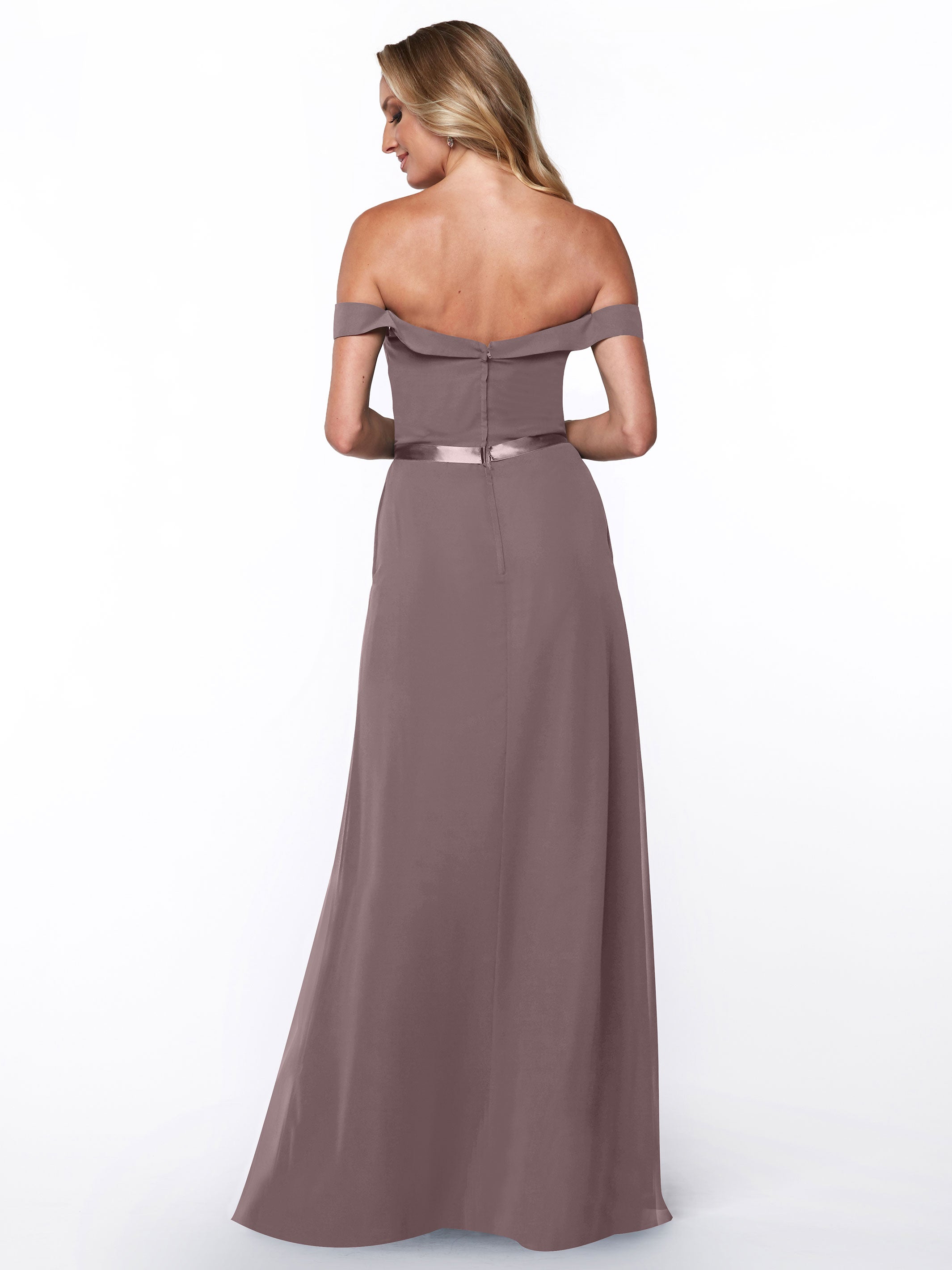 Elegant 80145 Off-The-Shoulder Chiffon A-Line Bridesmaid Dress with Sash - Perfect for Weddings, Formal Events & Special Occasions