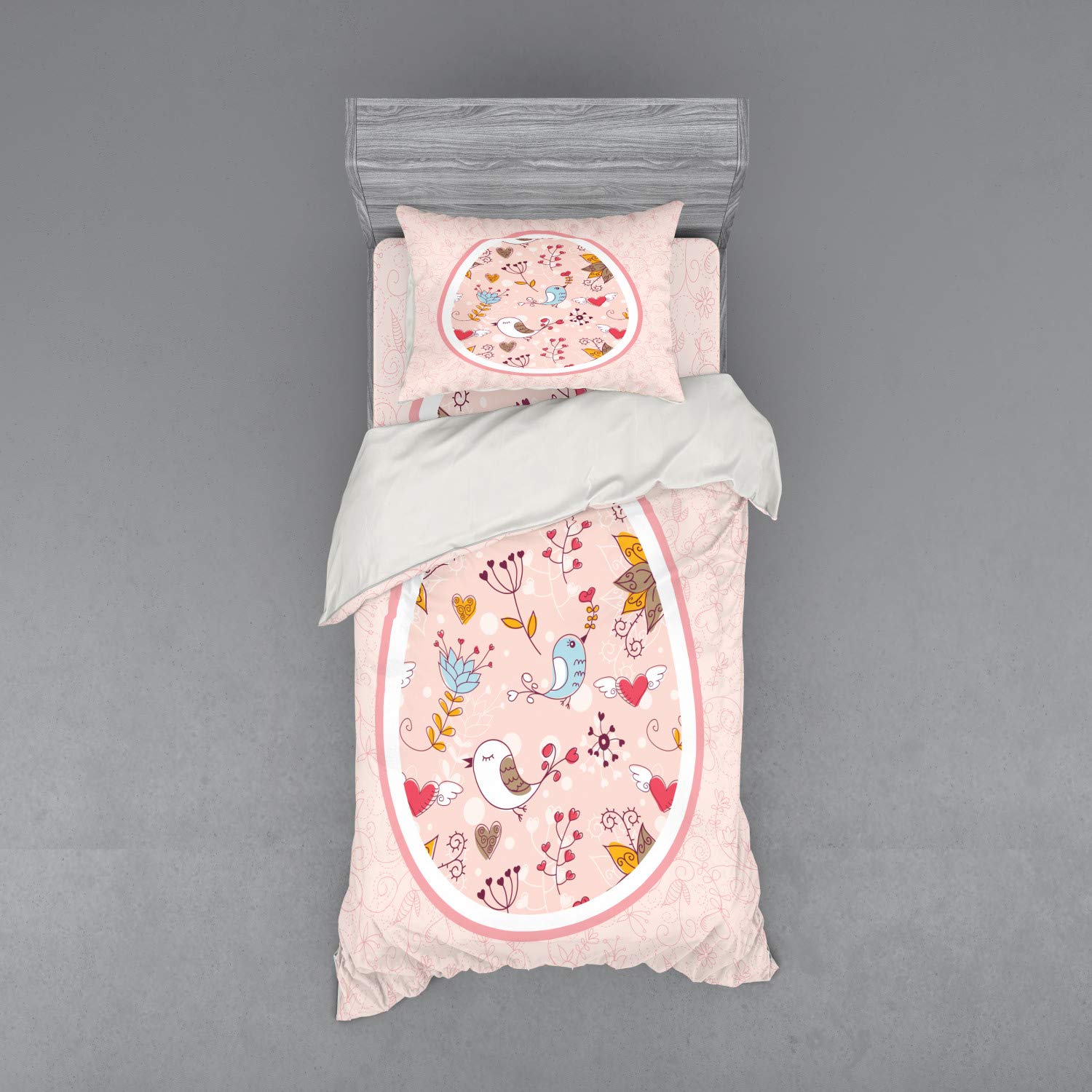 Ambesonne Floral Bedding Set - Botanical Art Duvet Cover with Birds & Flowers in Egg Frame, 3-Piece Twin Size (Duvet Cover + Sham + Fitted Sheet) - Rose Multicolor for Bedroom Decor & Cozy Sleep