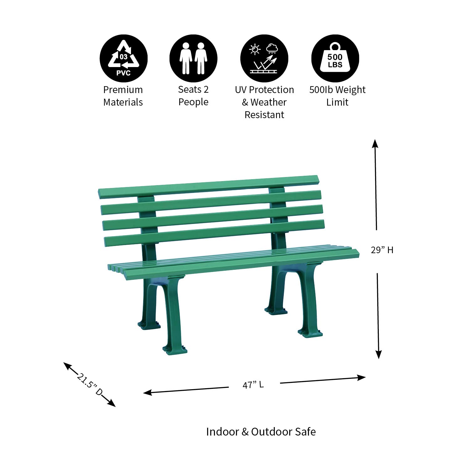 Weatherproof German PVC Outdoor Bench - Heavy Duty 500 lbs Capacity - Steel & Resin Garden Patio Furniture for Porch, Park, Deck - Green - Perfect for Backyard, Poolside & Outdoor Relaxation