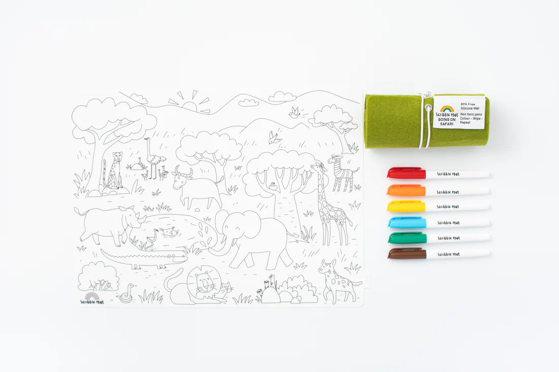 Reusable Safari-Themed Scribble Mat Set for Kids - Doodle & Play Mat for Travel, Home & Outdoor Adventures - Washable & Portable Drawing Mat for Toddlers & Children