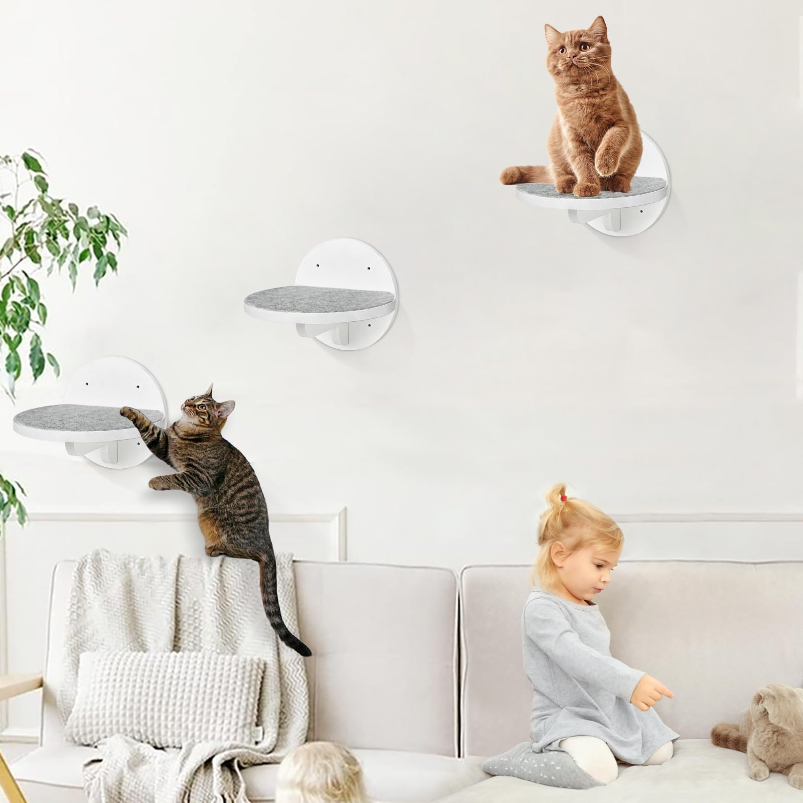 Y&ME YM 3-Packs Wall Mounted Cat Climbing Shelves with Scratching Pad - Multi-Level Cat Steps, Ladder & Furniture for Sleeping, Climbing & Play - Perfect for Small Spaces & Cat Enrichment (White)