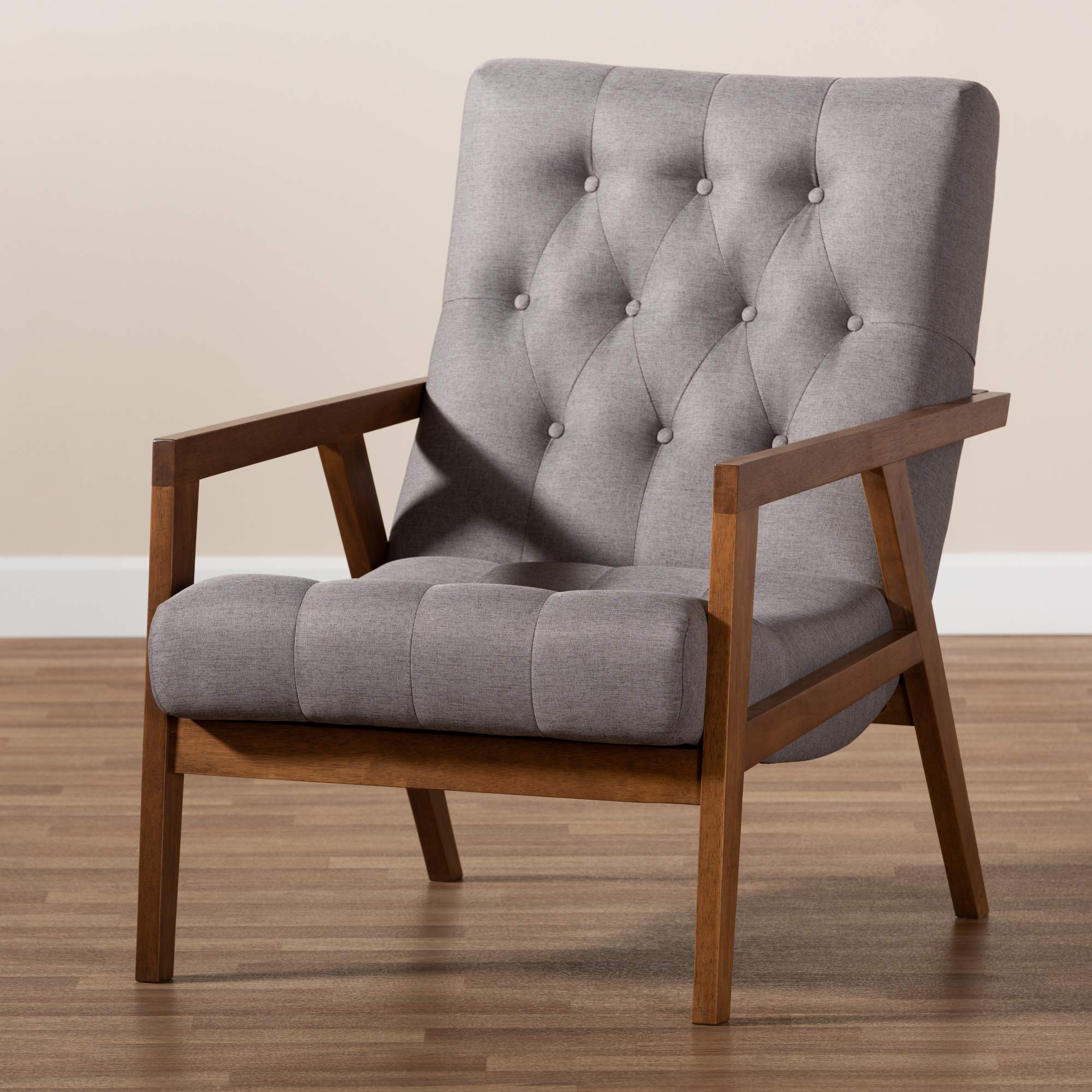 Baxton Studio Modern Accent Chairs - Grey and Brown Upholstered Lounge Chair for Living Room, Bedroom, or Office - Comfortable Mid-Century Style Seating with Wooden Legs