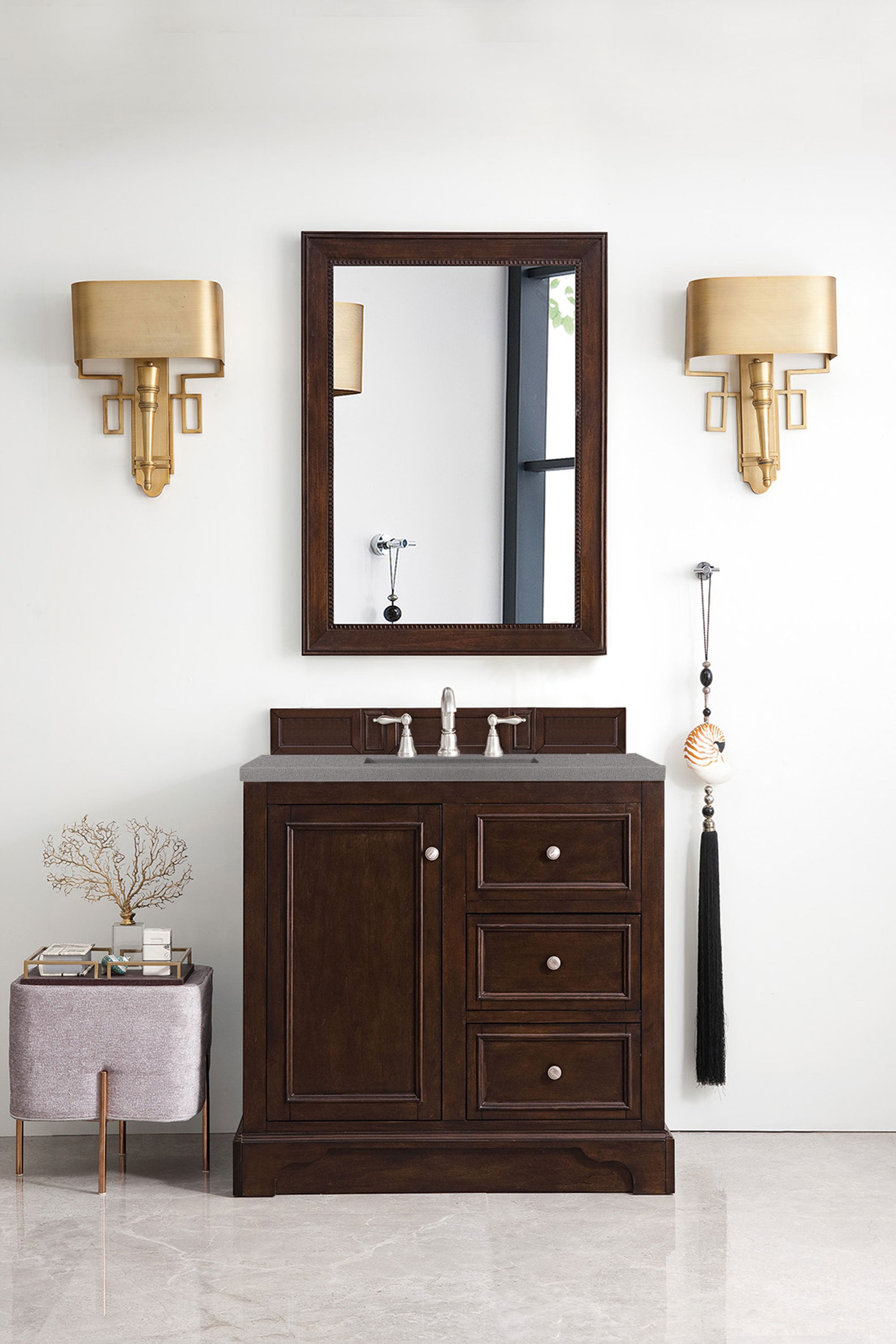 De Soto 36 Inch Single Bathroom Vanity with Burnished Mahogany Base & 3CM Grey Expo Quartz Top - Modern Space-Saving Design for Small Bathrooms, Powder Rooms & Guest Suites