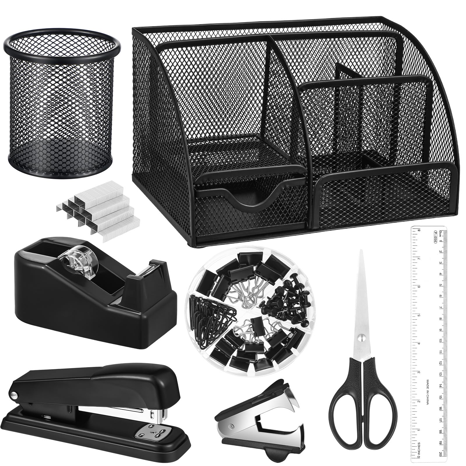 Premium Black Desk Organizer Set with Mesh Tray, Stapler (1000 Staples), Tape Dispenser, Pen Holder & Office Essentials - Perfect for Home Office, Workspace Organization & Productivity Boost