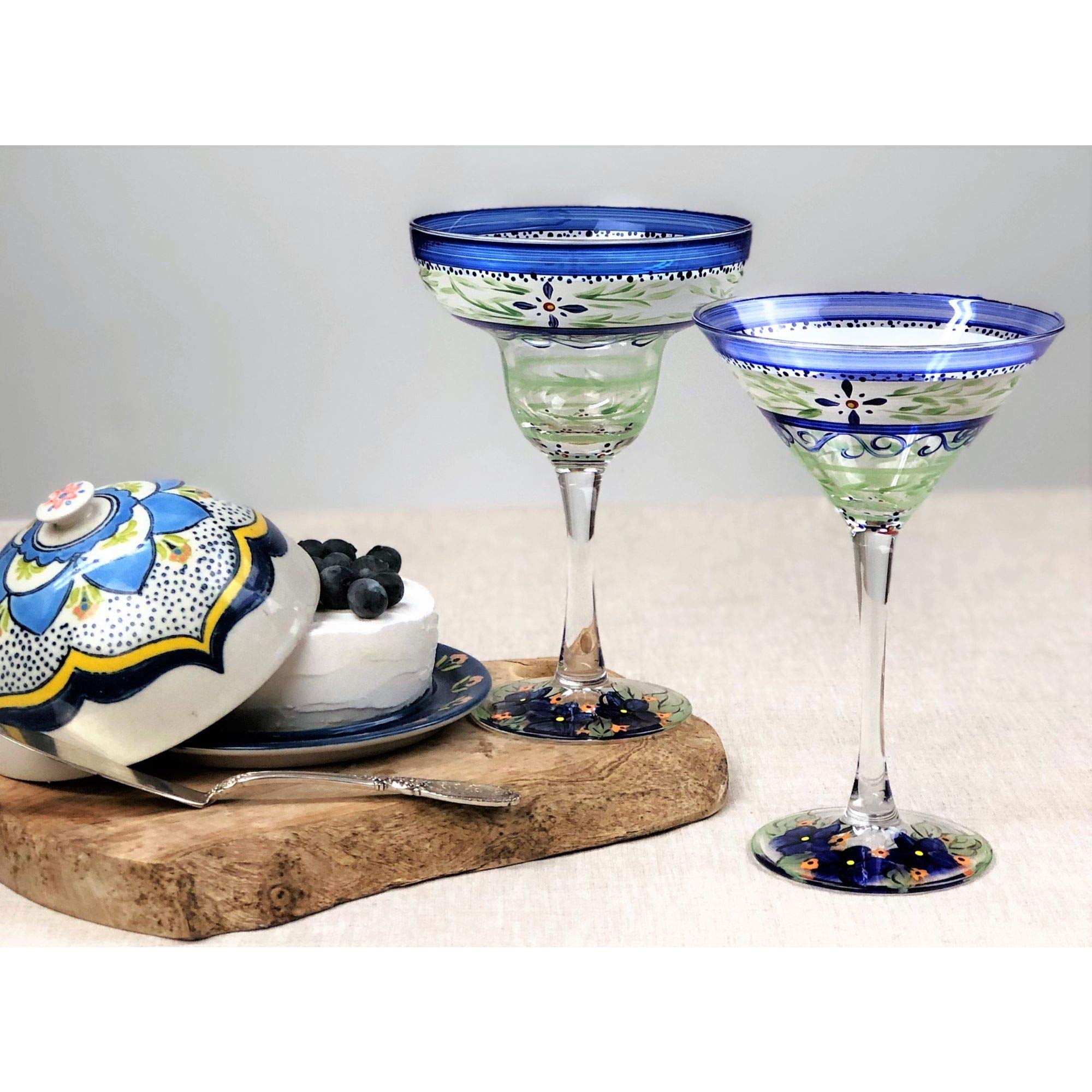 Set of 2 Hand-Painted Green Floral Margarita Glasses - 12 oz Stemware for Cocktails, Parties & Home Bar Decor