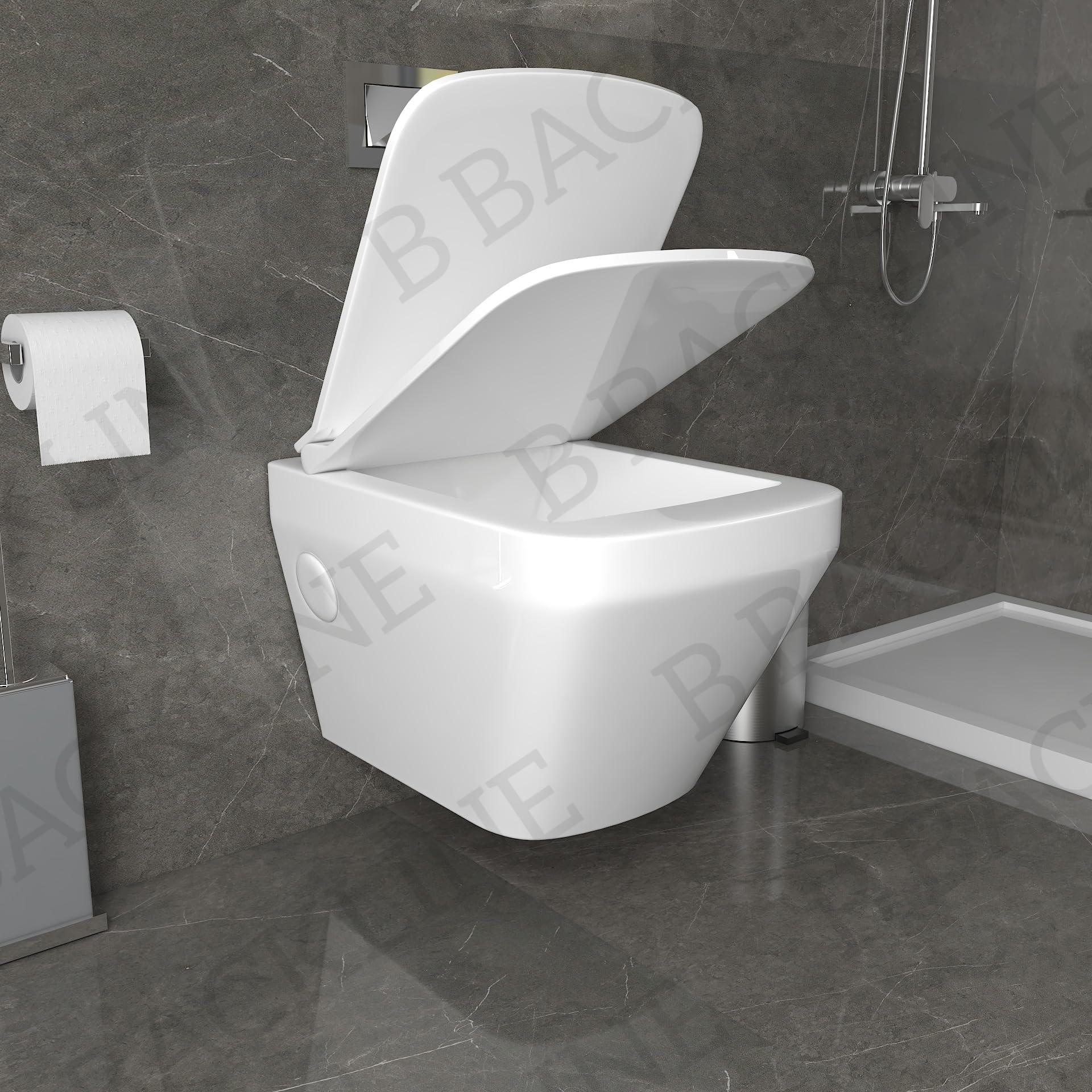 Ceramic Wall-Mounted Rimless Western Toilet with Soft-Close Seat - White Modern Water-Saving Commode with P-Trap Floor Outlet for Bathroom & Powder Room Renovation