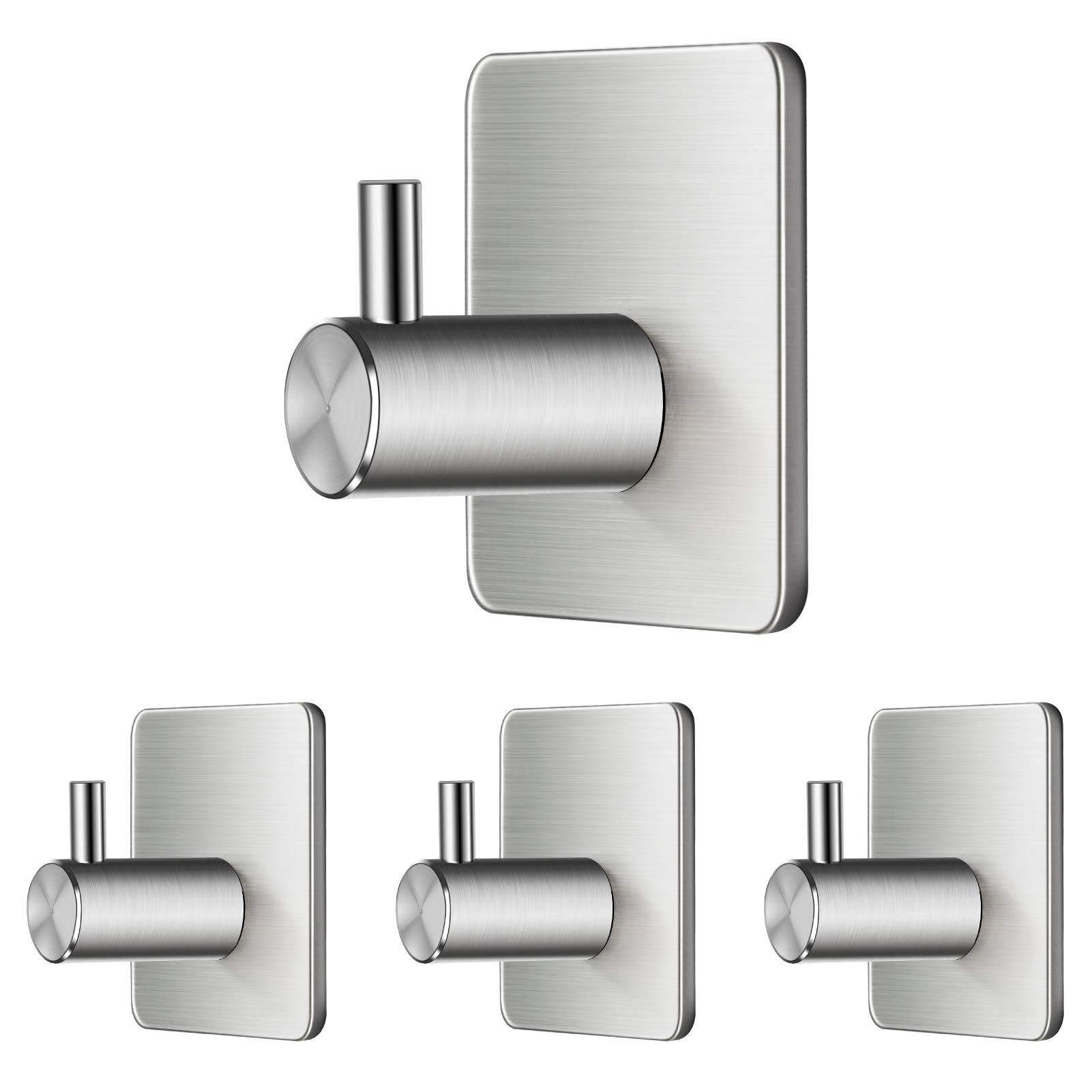 Stainless Steel Heavy Duty Adhesive Hooks - 4 Pack Wall Hooks for Bathroom, Kitchen & Bedroom - Perfect for Hanging Towels, Coats, Hats & More - Strong Hold No Drill Hooks for Doors, Walls & Tiles