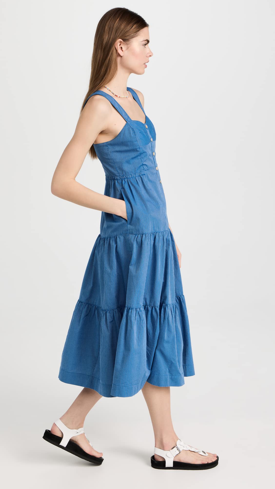 Madewell Women's Button-Front Tiered Midi Dress - Striped Floral Summer Dress for Casual Outings, Beach Vacations & Brunch Dates