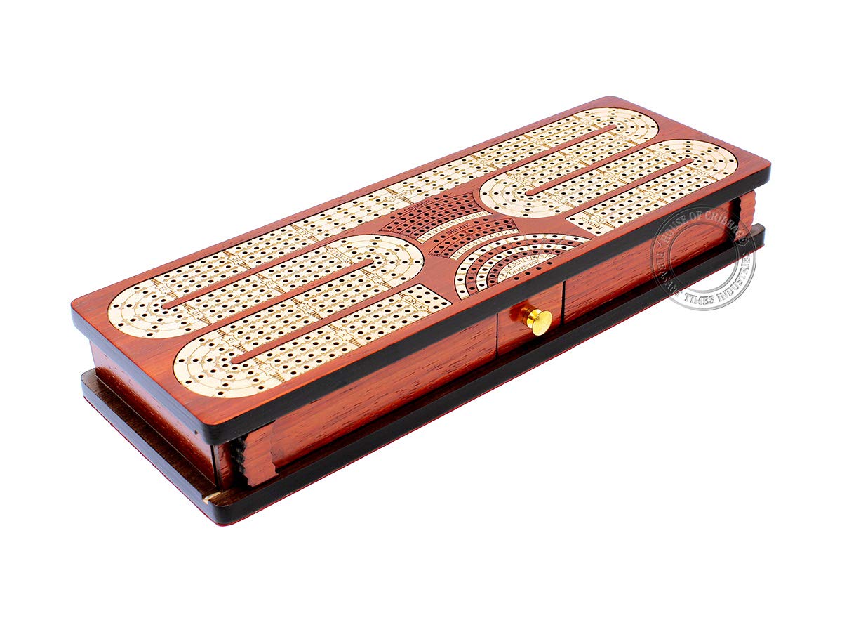 Premium Continuous Cribbage Board with 4 Tracks - Handcrafted Bloodwood & Maple Inlaid Game Box with Sliding Lids, Drawer & Scoring Fields | Perfect for Family Game Nights, Travel & Tournament Play