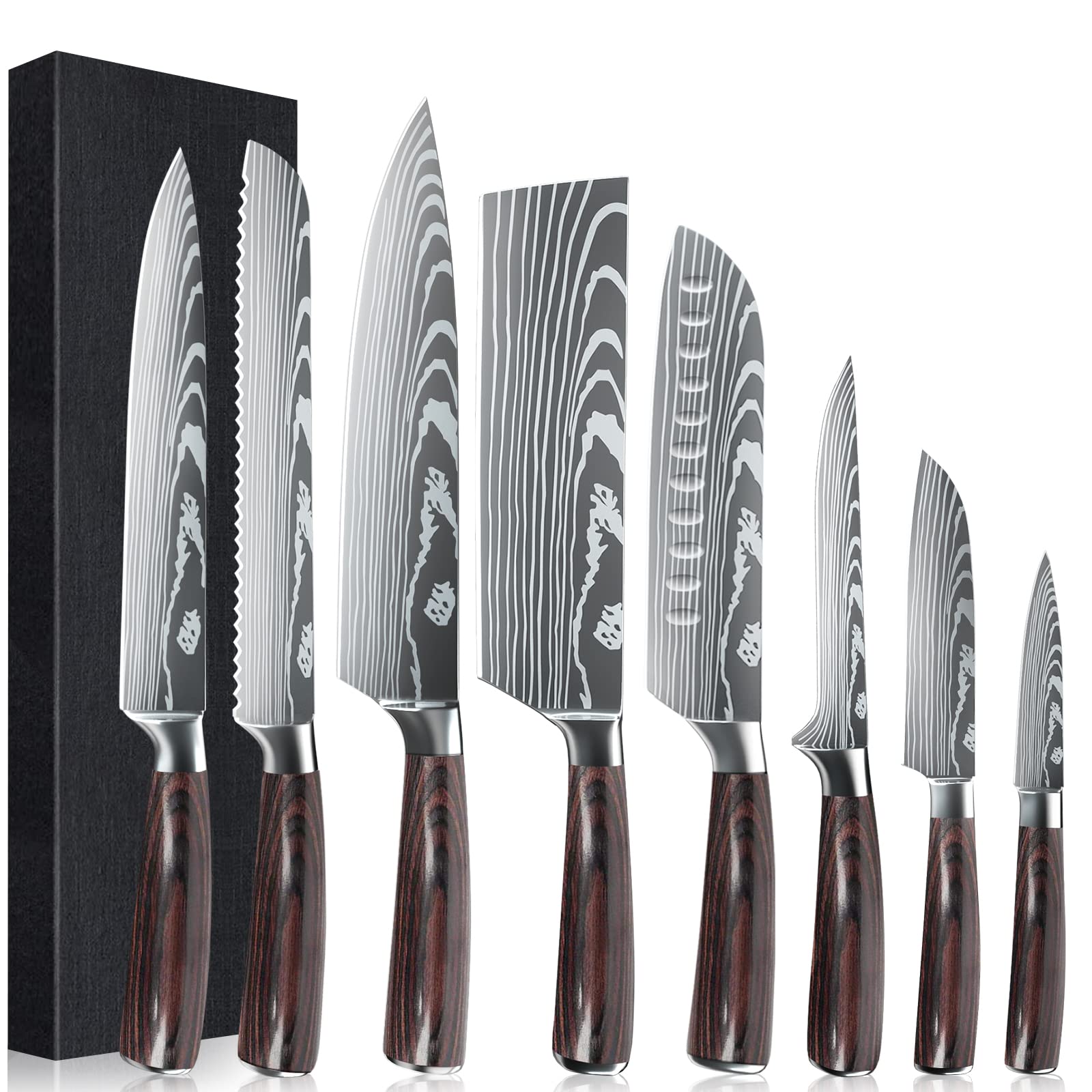 KEPEAK 8-Piece Kitchen Knife Set - 3.5 to 8 Inch High Carbon Stainless Steel Chef Knives with Pakkawood Handle - Ultra Sharp Cooking Knives for Vegetables, Meat & Fruit - Perfect for Home Chefs, Professional Kitchens & Culinary Gifts