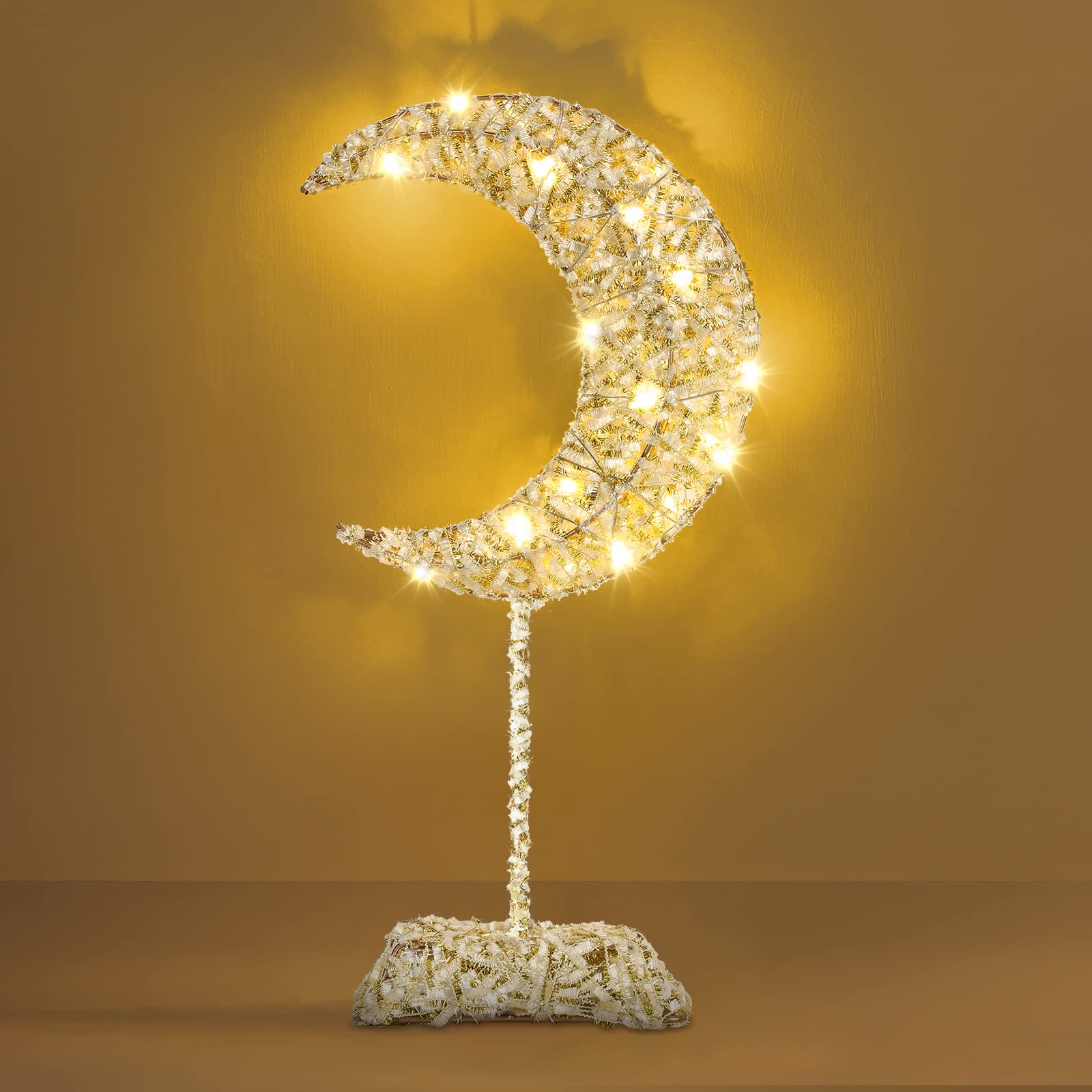Lewondr Decorative Table Lamp - Battery Powered Moon Shape LED Desk Light, Warm White & Bright, Winding Iron Frame for Ramadan, Christmas, Bedroom, Nightstand, Romantic Ambiance - Perfect for Home Decor, Bedside Lighting & Holiday Gifts (Gold)