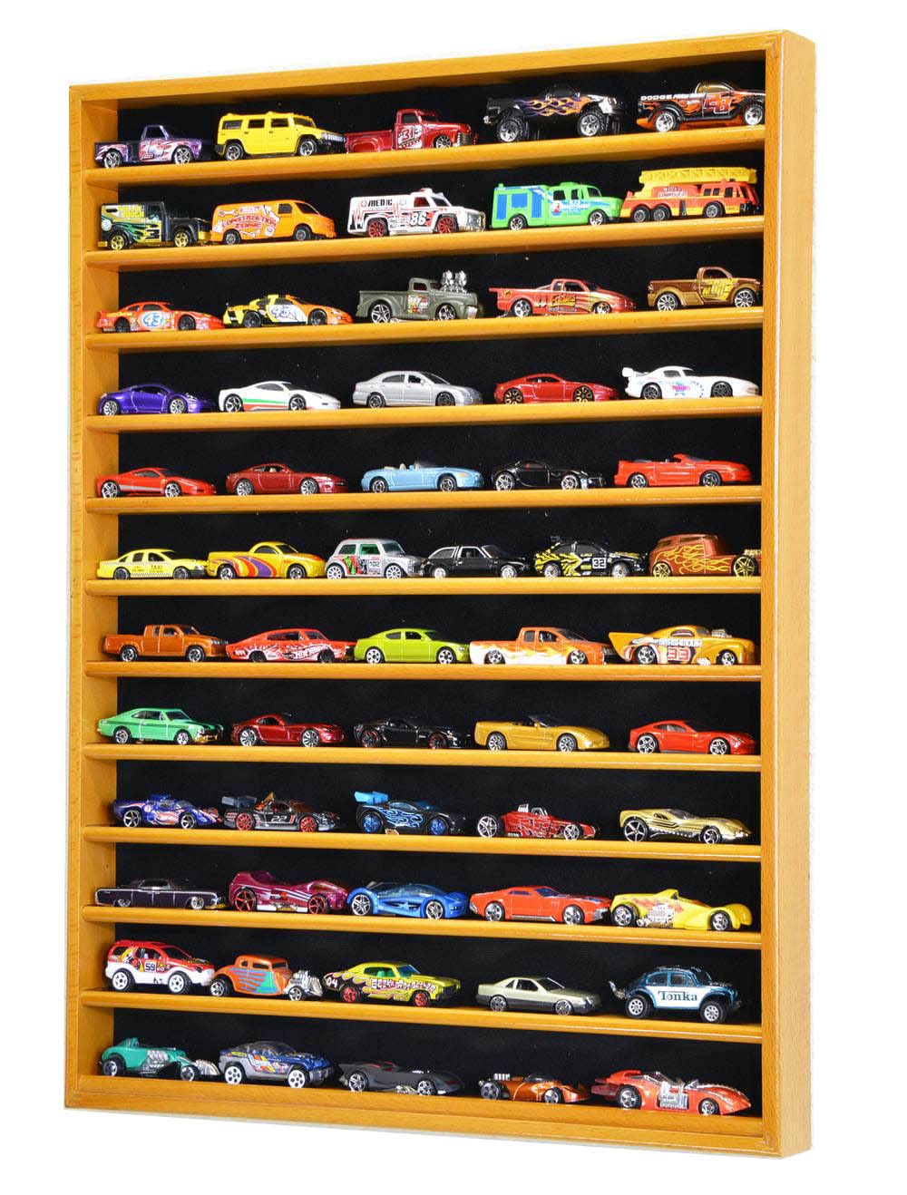 60 Hot Wheels & Matchbox 1/64 Scale Diecast Model Cars Display Case - Oak Wood Finish Collector's Storage for Toy Car Collection - Perfect for Showcase, Playroom Decor & Gift for Car Enthusiasts