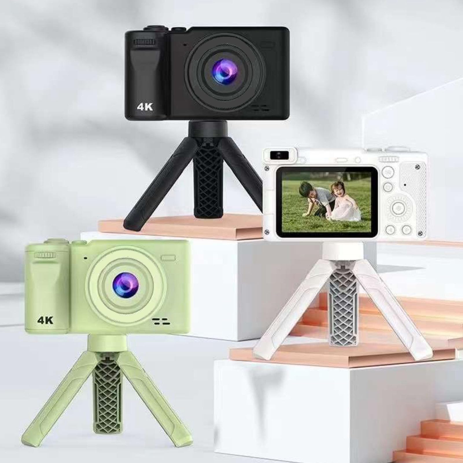 4K Kids Digital Camera with Foldable Tripod & IPS Screen - 8X Digital Zoom, Auto Light Fill - Compact Travel Camera for Hiking, Camping, Birthday Gifts & Outdoor Adventures (White)