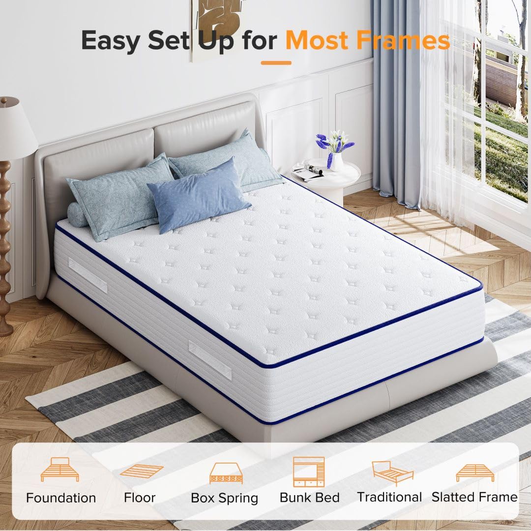 TXO 10 Inch Hybrid Queen Mattress - Medium Firm with Pocketed Springs & Gel Memory Foam for Edge Support, Motion Isolation & Pressure Relief - Bed in a Box for Back Pain Relief & Cool Sleep - Perfect for Master Bedrooms, Guest Rooms & Apartments