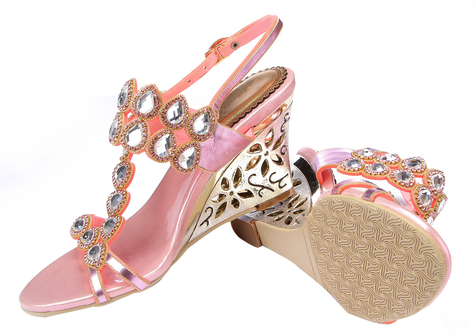 Honeystore Women's Rhinestone Strappy Wedge Sandals with Water Pattern Design - Perfect for Beach Vacations, Summer Parties & Casual Outings