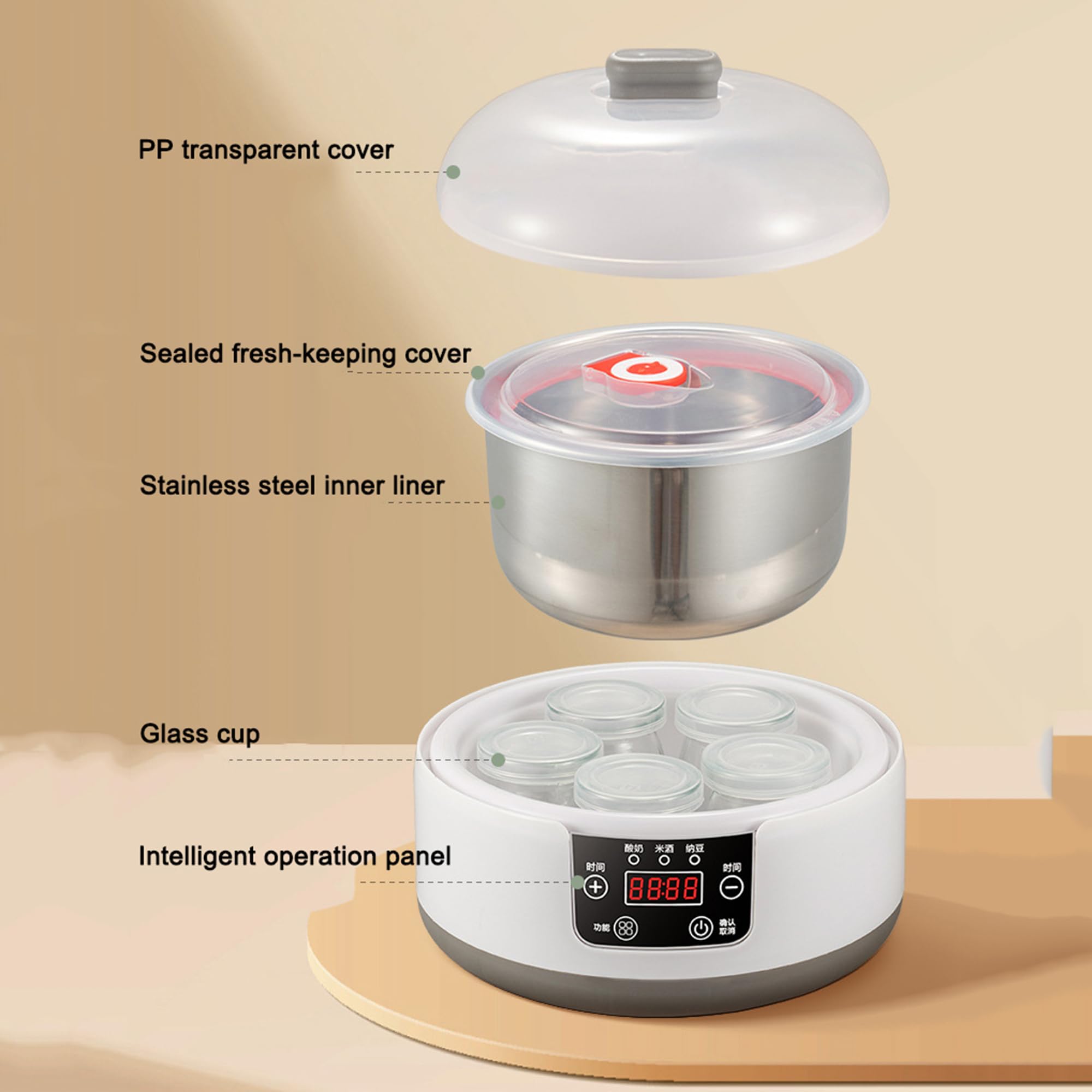 1.2L Automatic Yogurt Maker with Constant Temperature Control - Low Noise Stainless Steel Inner Pot - Electric Probiotic Yogurt Machine (5 Cups Included) - Perfect for Homemade Greek Yogurt, Kefir & Healthy Breakfasts