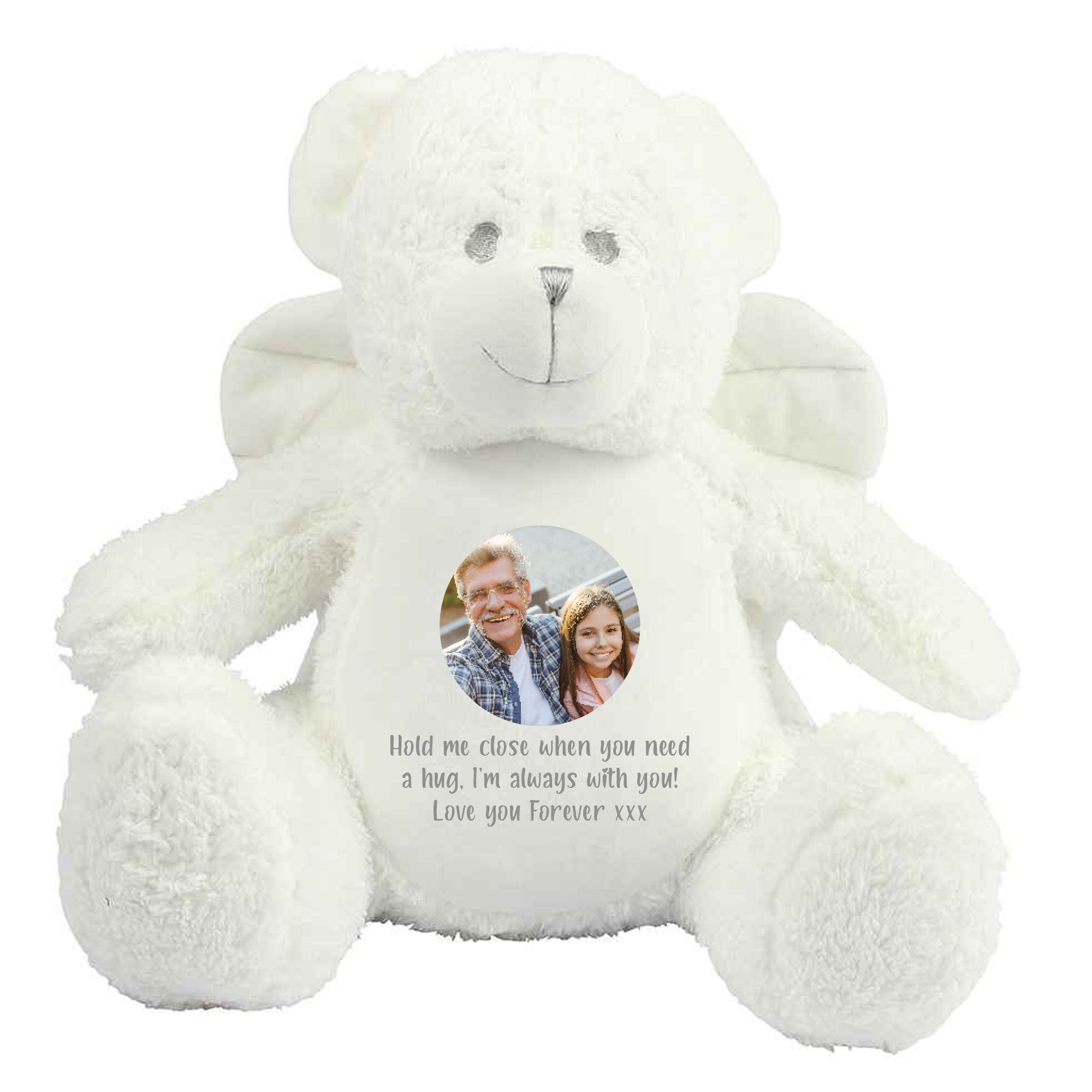 Personalized Voice Recording Photo Memory Bear with White Angel Wings - Custom Keepsake Gift for Baby, Wedding, Anniversary & Memorial
