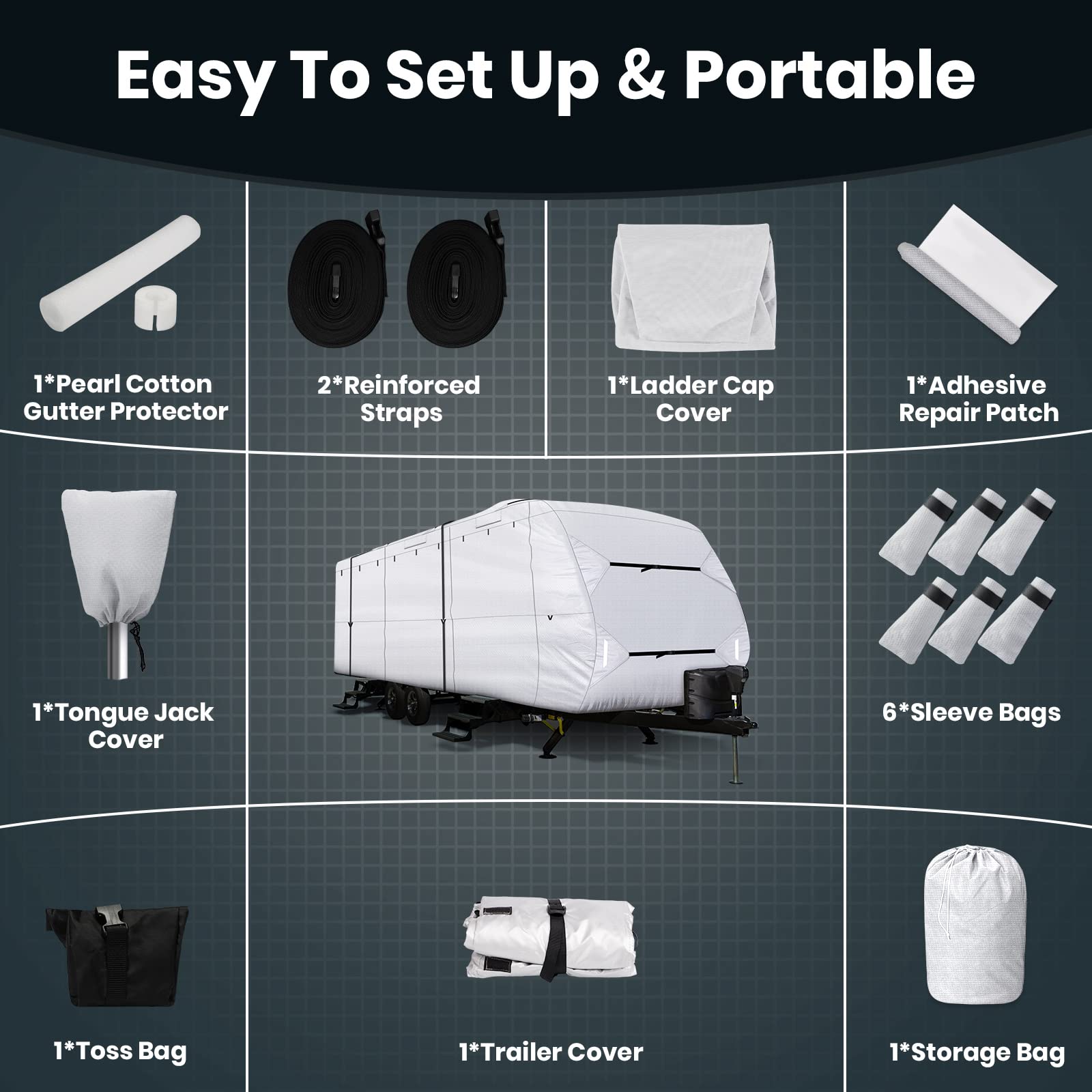 Leader Accessories Premium 210D 24'-27' Travel Trailer RV Cover with Adhesive Repair Patches | Heavy-Duty Ripstop Diamond Weave Camper Cover | All-Weather Protection for Outdoor Storage & Travel