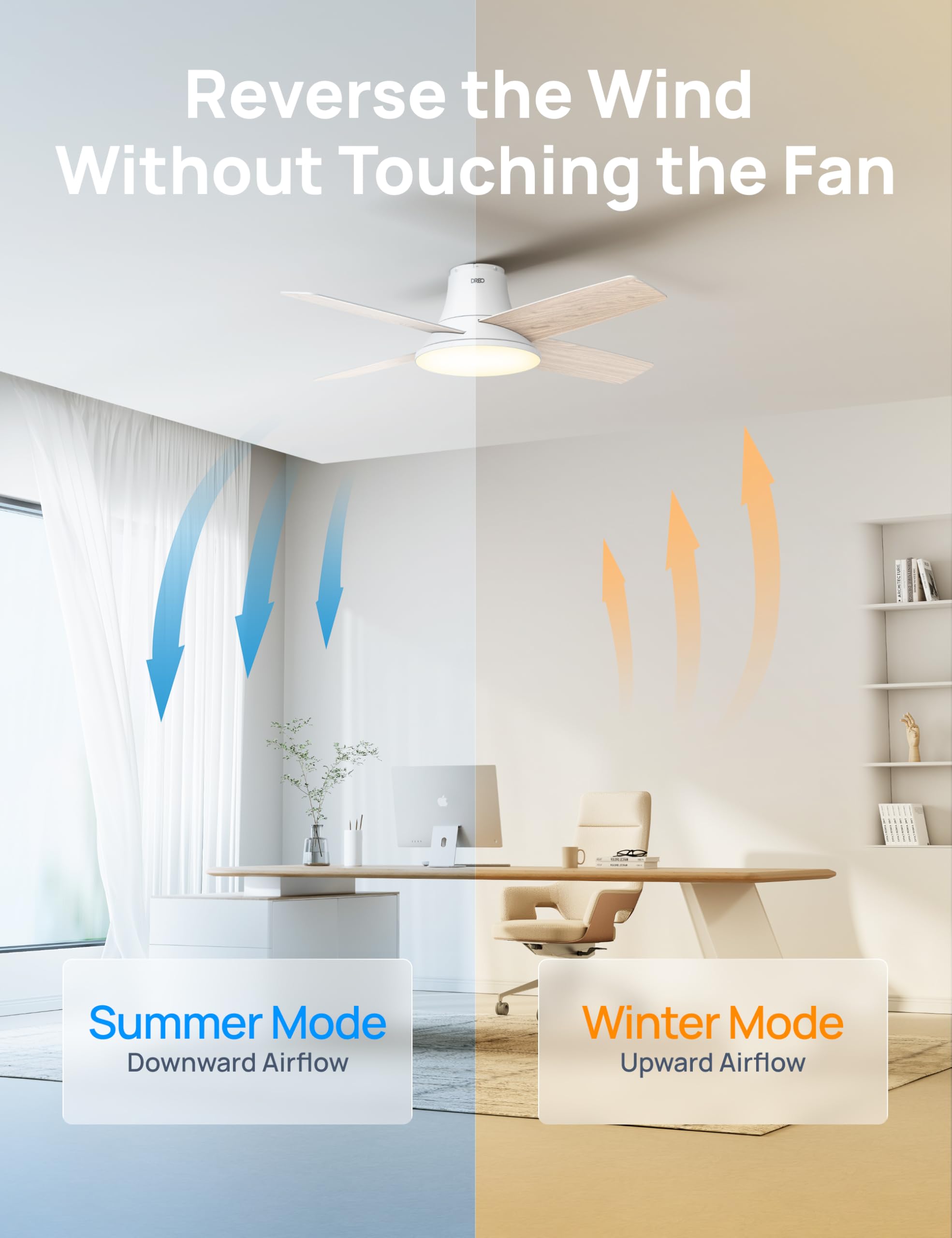 Dreo 44'' Smart Ceiling Fan with LED Light - 12 Speed Quiet DC Motor, 3 Modes, Remote Control & Dimmable Flush Mount Design - Perfect for Bedroom, Living Room & Home Office (White)