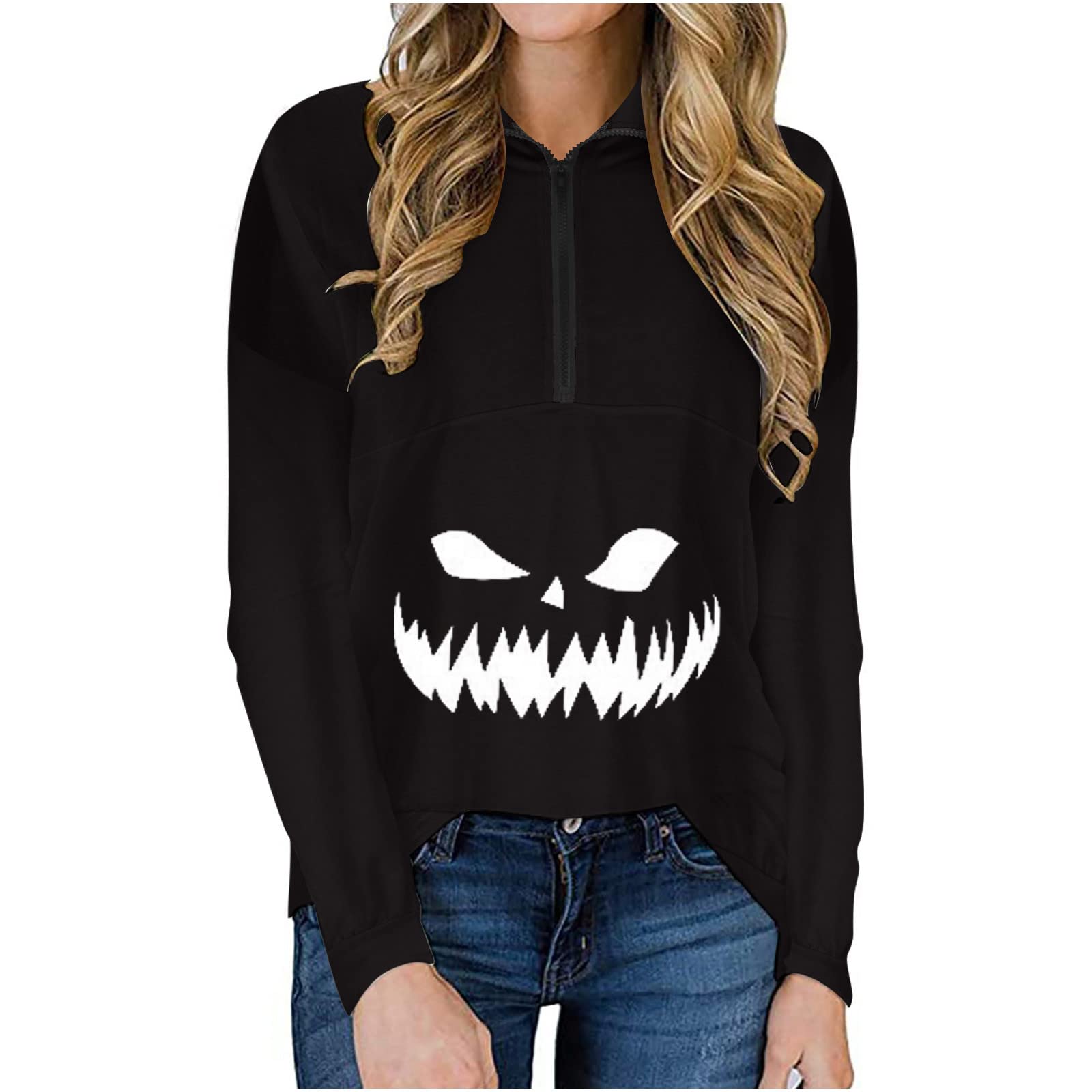 Women's Funny Ghost Printed Zipper Sweatshirt - Cute Long Sleeve T-Shirt with Turndown Collar for Casual Wear | Perfect for Halloween, Cosplay & Everyday Outfits