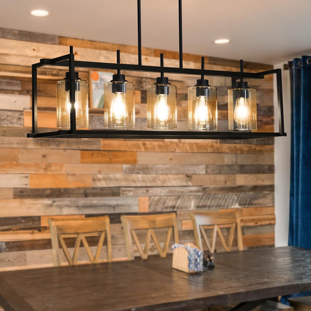 Farmhouse Chandelier - 5-Light Rectangular Rustic Black Pendant Lighting for Kitchen Island & Dining Room | Modern Farmhouse Ceiling Light Fixture Over Table | Perfect for Country Style Homes, Restaurants and Cabin Decor