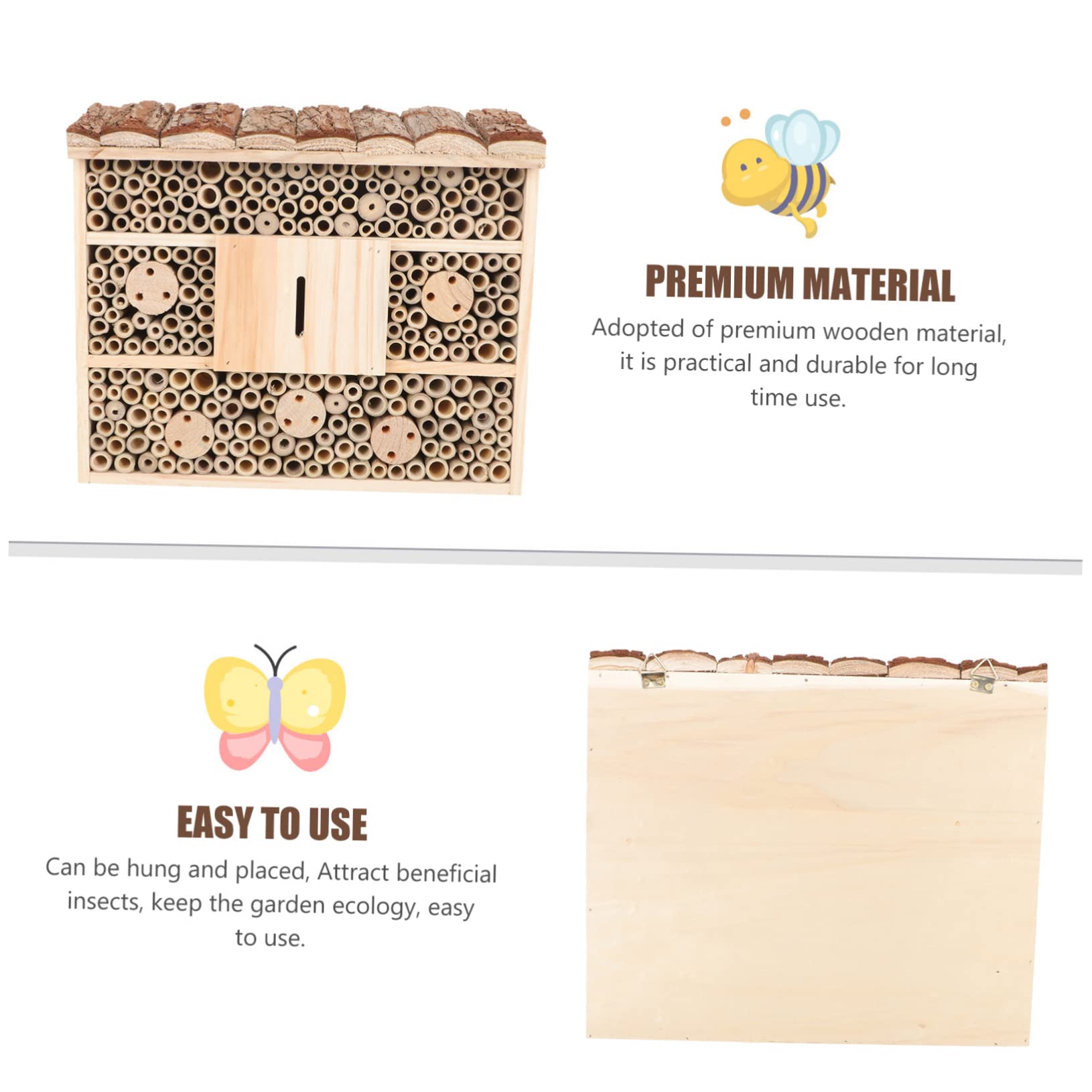 Wooden Bee House for Pollinators - Outdoor Bee Hotel & Butterfly Habitat for Garden, Backyard, and Natural Pollination Support