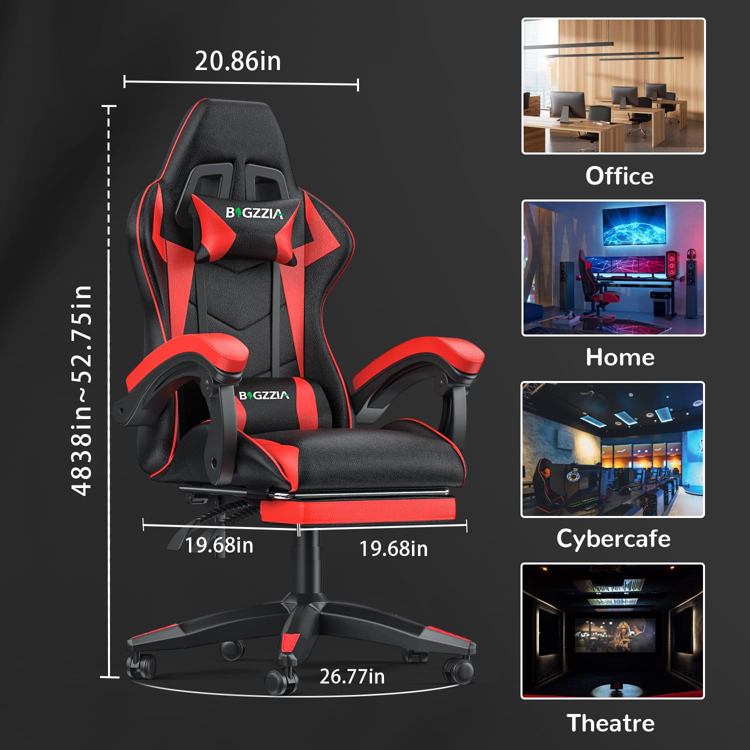 Premium Gaming Chair with Adjustable Footrest - High Back Ergonomic Computer Chair with Headrest & Lumbar Support - Racing Style Reclining Video Game Chair for Adults & Teens - Perfect for PC Gaming, Streaming & Home Office (Red-Black)