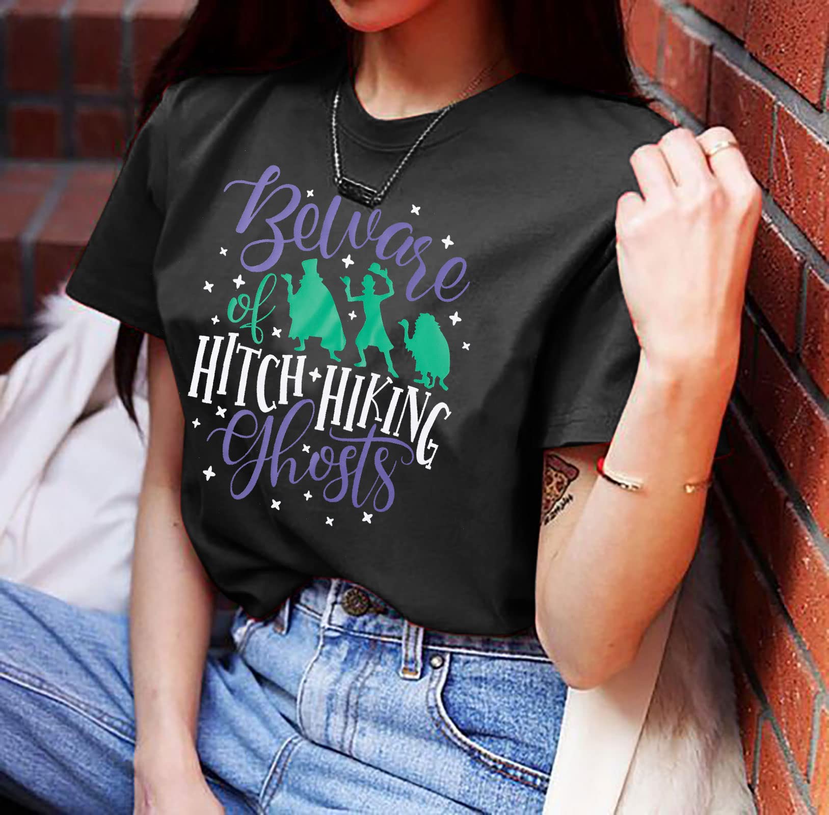 Funny Beware of Hitch Hiking Ghost T-Shirt for Women - Haunted Halloween Short Sleeve Tee - Perfect for Halloween Parties, Costume Events & Spooky Outfits