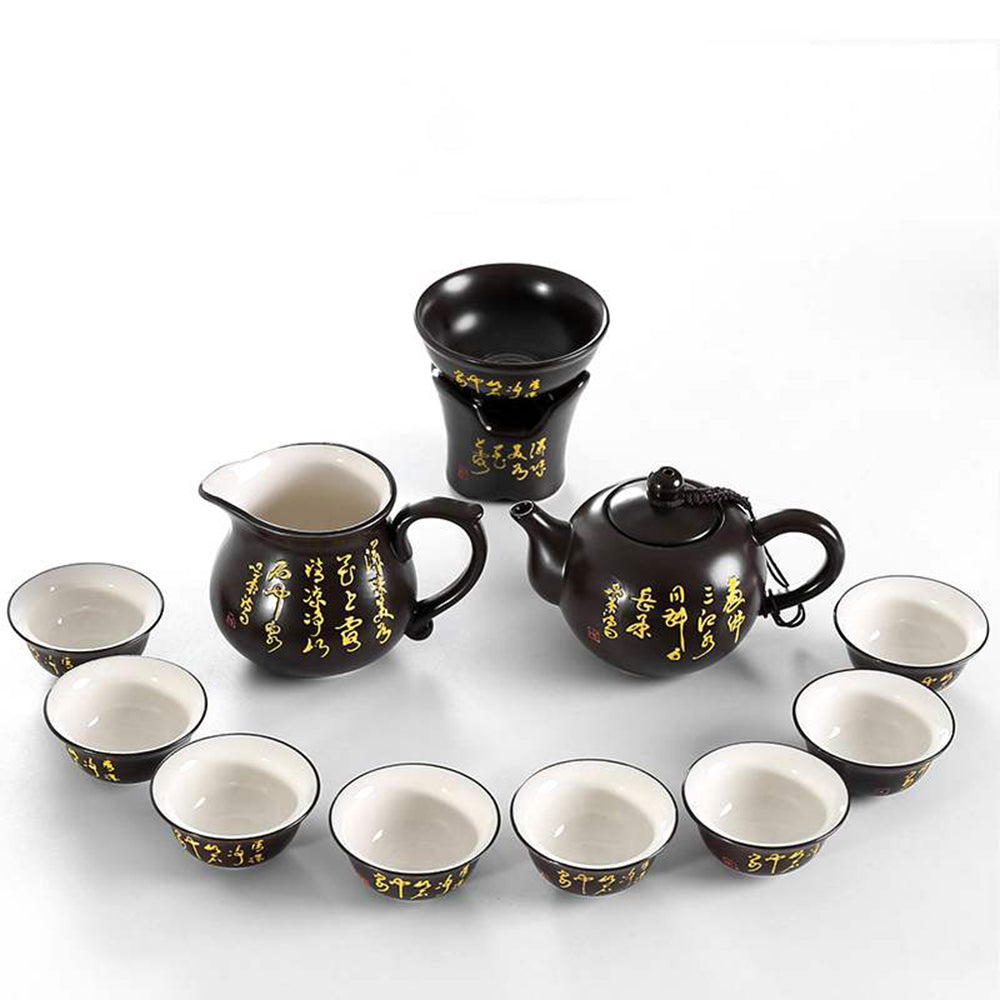 Premium Tang Peom Tea Set with Maitreya Buddha Tea Tray - Traditional Chinese Ceramic Tea Cups & Teapot Set for Meditation, Zen Decor, and Home Tea Ceremonies