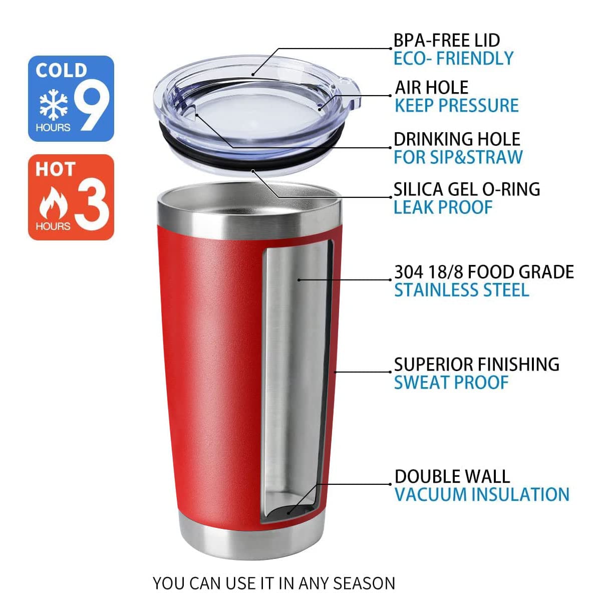 HASLE OUTFITTERS 20oz Stainless Steel Tumbler with Lid - Double Wall Vacuum Insulated Coffee Mug for Hot & Cold Drinks - BPA Free, Sweat Proof, Keeps Beverages Hot/Cold for Hours (12 Pack, Red) - Perfect for Office, Travel, Camping & Outdoor Activities