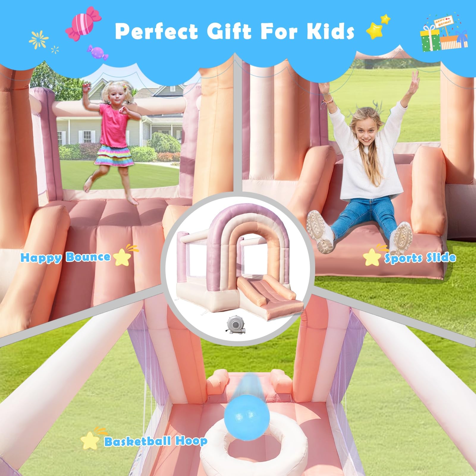**Dream Castle Pink Bounce House with Slide for Toddlers | 8 ft x 6 ft Inflatable Bouncy House with Blower | Indoor & Outdoor Kids Playhouse | Perfect Birthday Gift & Backyard Party Fun**