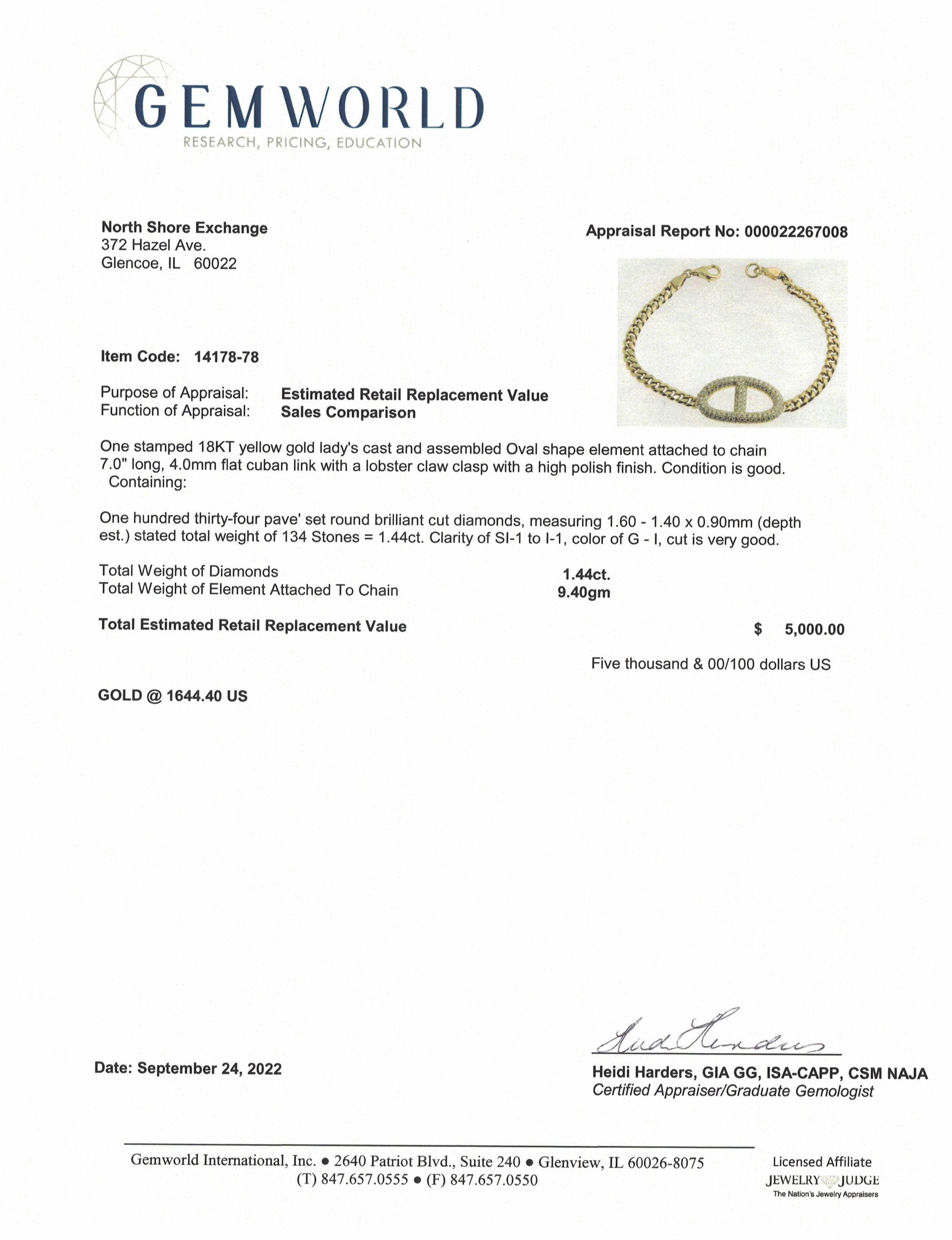 18K Yellow Gold 1.44ct Diamond Mariner Link Bracelet for Women - Luxury Tennis Bracelet for Anniversary, Wedding & Special Occasions