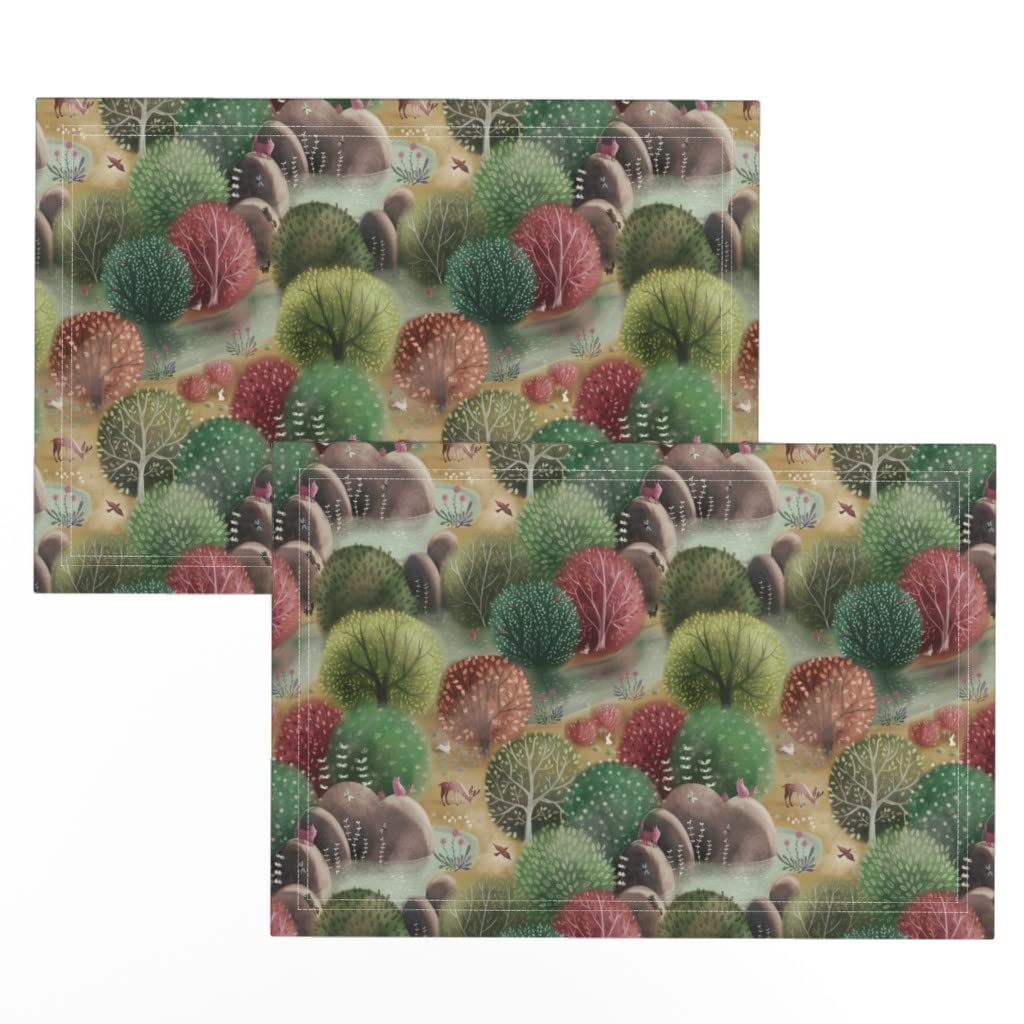 Whimsical Forest Nature Print Linen Cotton Canvas Placemats (Set of 2) - Woodland Autumn Landscape with Trees & Animals - Perfect for Dining Tables, Picnics, and Home Decor