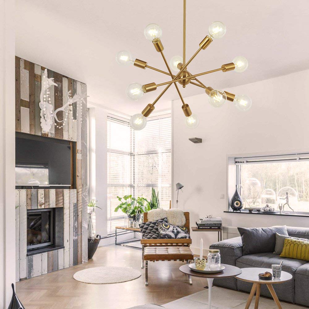 BONLICHT Modern 10-Light Sputnik Chandelier Brushed Brass Adjustable Arm Metal Kitchen Pendant Light, Mid Century Vintage Industrial Ceiling Fixture for Living Room, Dining Room, Bedroom & Office Lighting