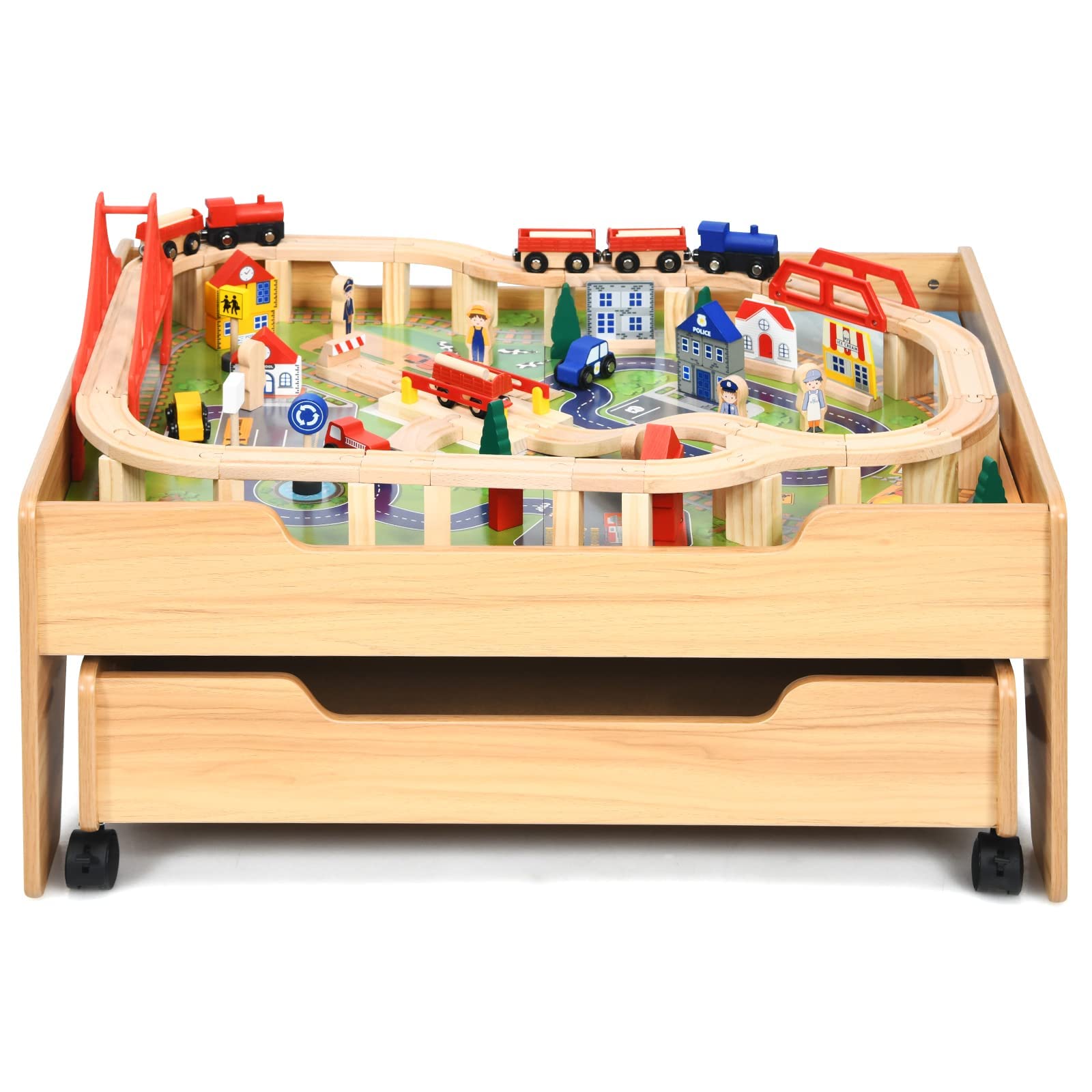OLAKIDS Wooden Train Set - 100-Piece Multicolor Railway Track with Storage Drawer, City & Cars | Creative Educational Toy for Toddlers & Kids | Perfect Gift for Boys & Girls | Playroom, Birthday & Preschool Learning Activity