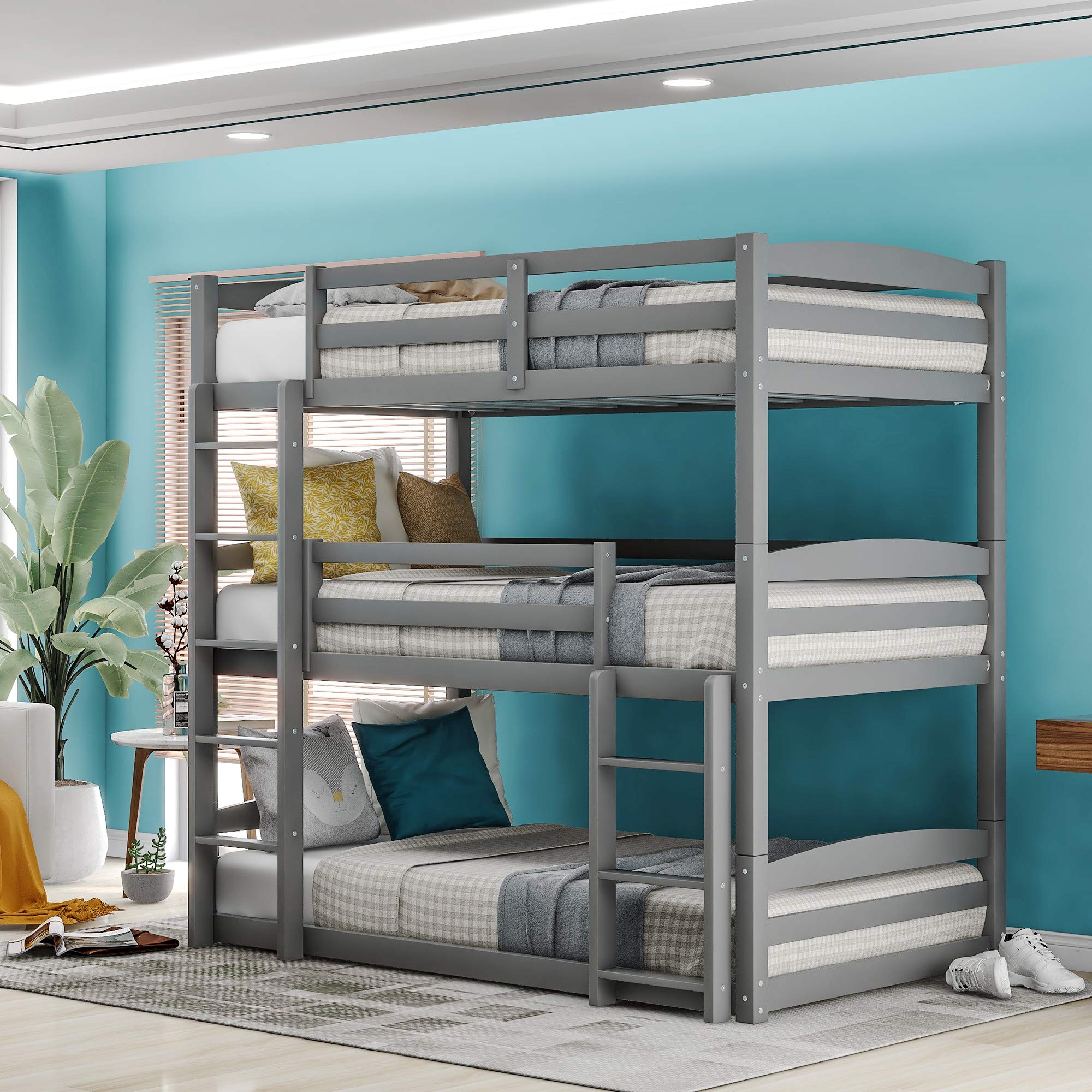 **WeYoung Triple Bunk Bed with Ladder - Twin Over Twin Over Twin Bunkbed for Kids, Sturdy Metal Frame, No Box Spring Needed (Gray) - Perfect for Small Spaces, Kids' Rooms, and Sleepovers**
