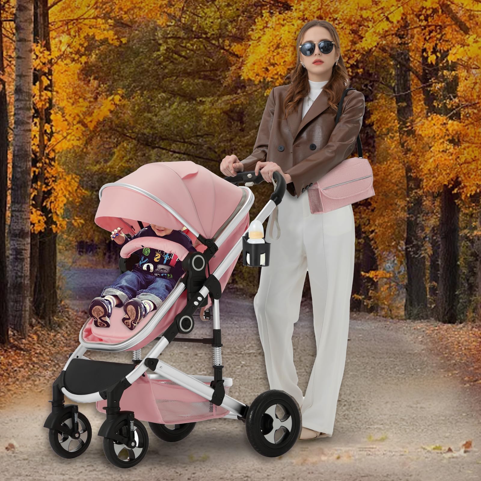 Kinder King 2 in 1 Convertible Baby Stroller - Lightweight Folding Travel Stroller with Reversible Bassinet & Adjustable Canopy | Includes Diaper Bag | Perfect for Newborns & Infants (Pink) | Ideal for Shopping, Travel & Daily Walks