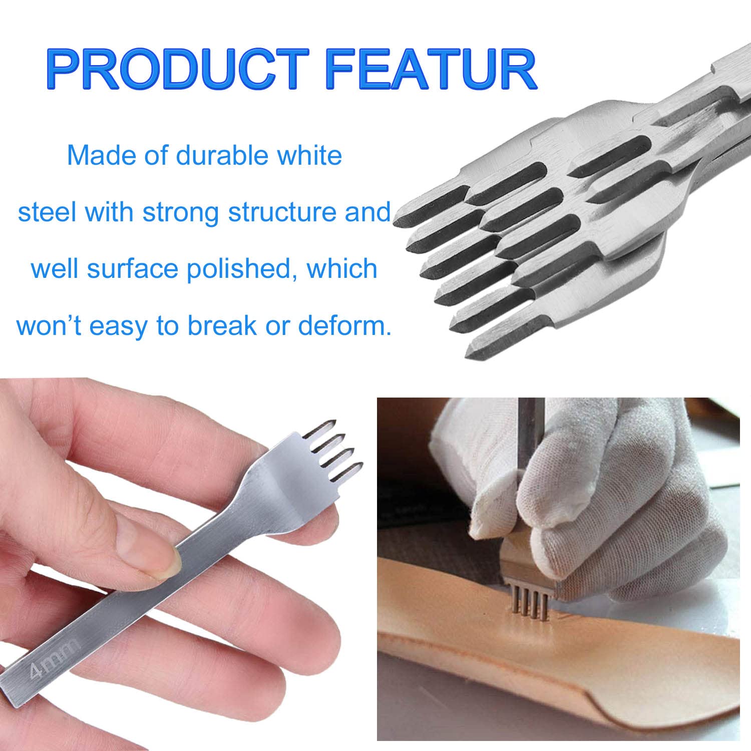 JONMON 4mm Diamond Hole Lacing Chisel Set - 1/2/4/6 Prong Leather Punch Tool with Rhombus Teeth for Leathercraft, DIY Stitching, Bag Making, Shoe Repair & Wallet Crafting - 4Pcs Leather Sewing Supplies