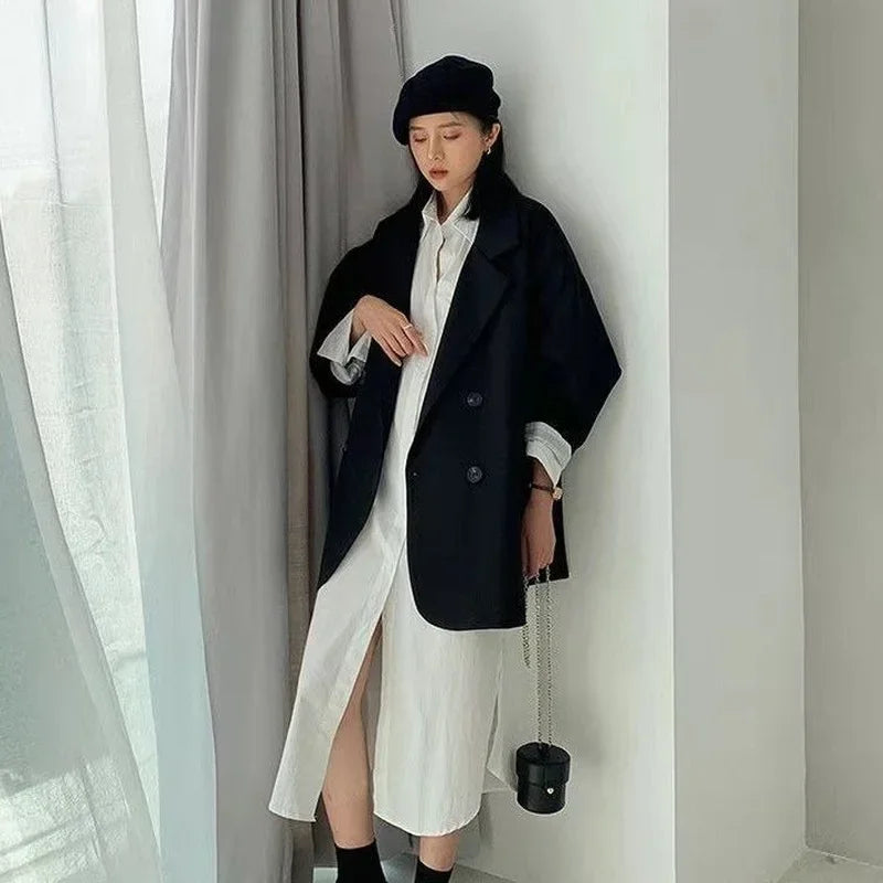 Women's Minimalist Solid Blazer Jacket - Elegant Loose Fit Retro Office Fashion Coat for Spring - High Street Feminine Outerwear for Work, Business Meetings & Casual Outings