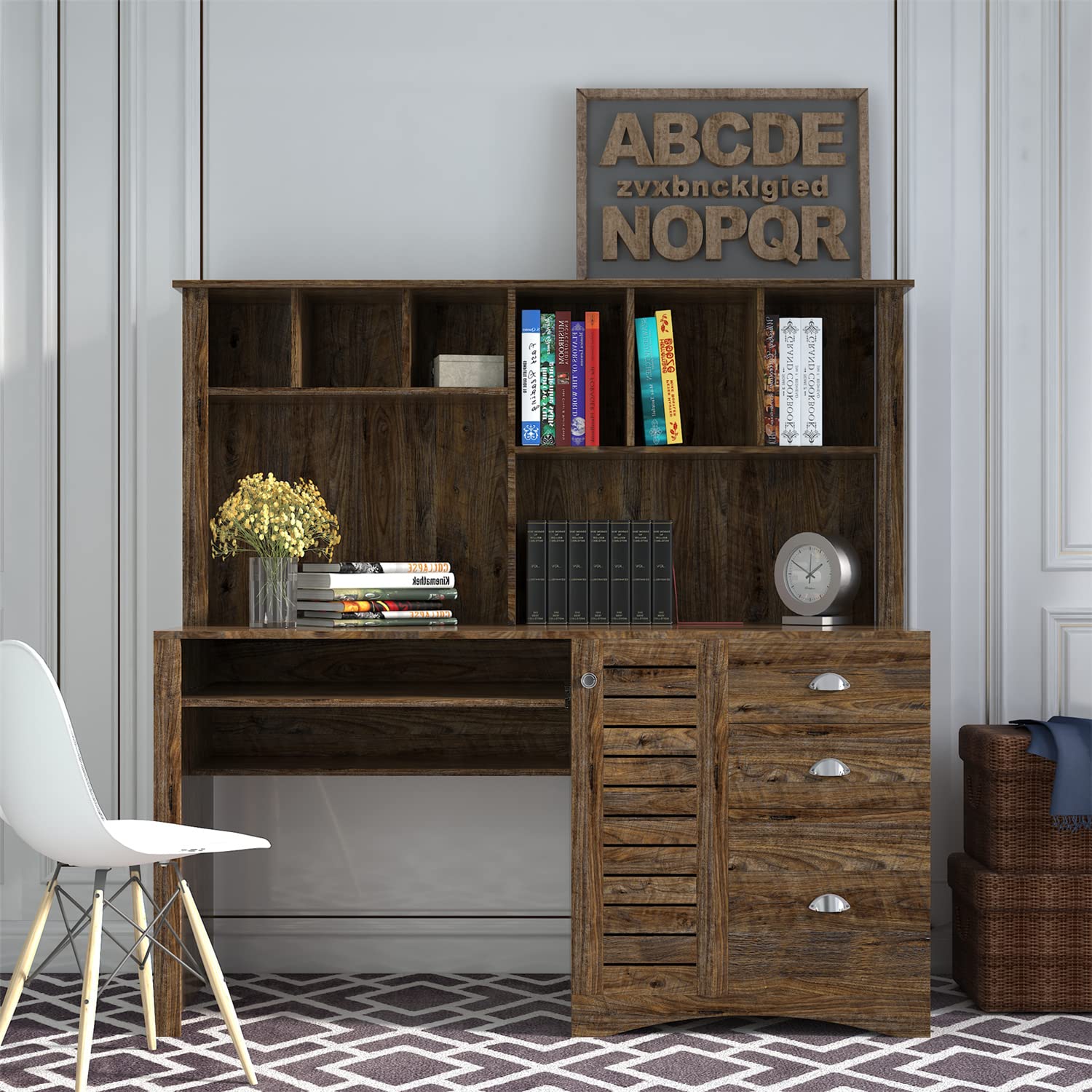 Ergonomic Computer Desk with Hutch, Drawers & Shelves - Dark Brown Home Office Desk with Cable Management Grommets | Perfect for Small Spaces, Gaming & Remote Work Setup