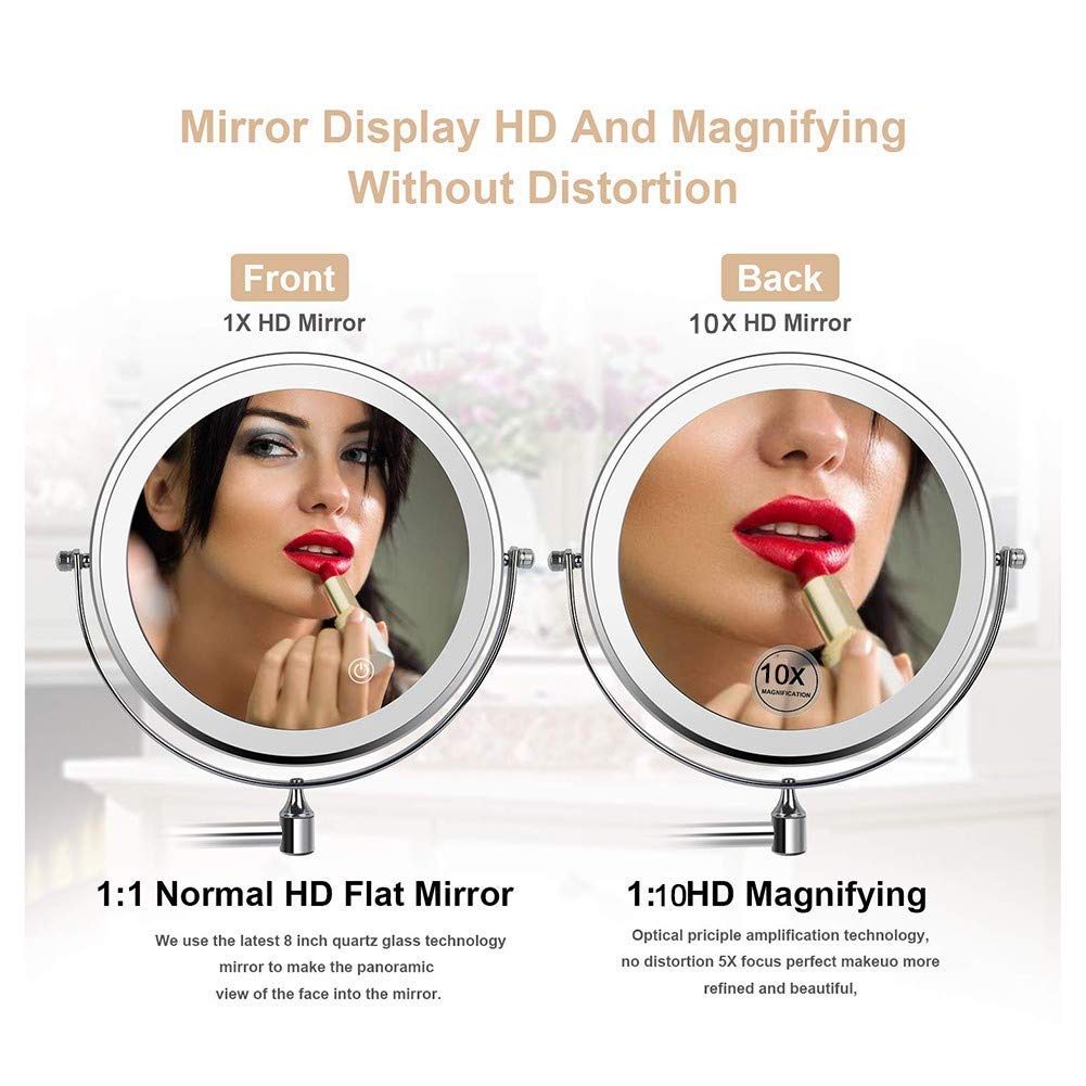 10x Magnifying Wall Mounted Makeup Mirror with LED Lights - 360° Swivel & Extendable Brushed Nickel Bathroom Vanity Mirror - Touch Control & USB Charging (8 Inch, Black) - Perfect for Makeup Application, Shaving, and Skincare Routines