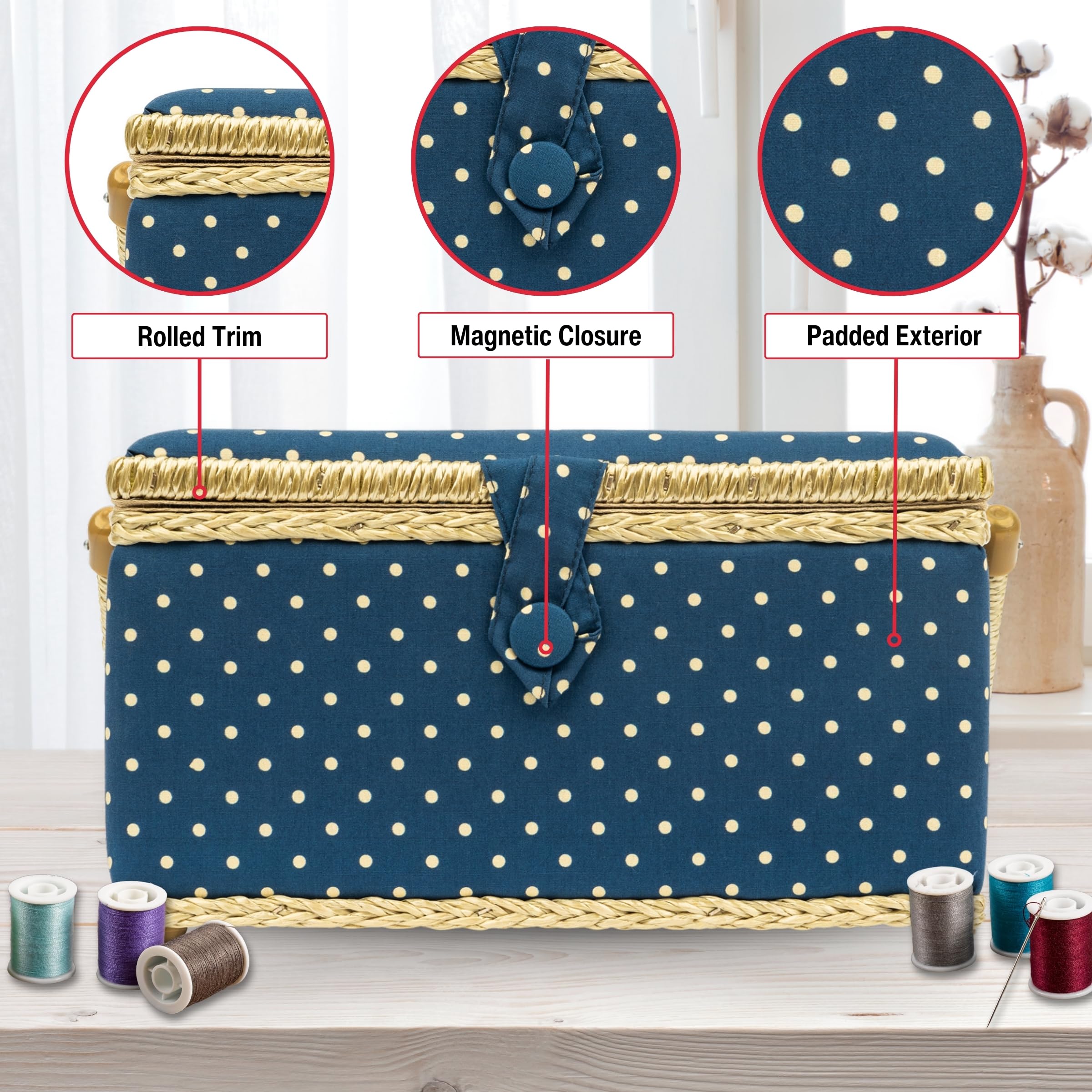 SINGER Large Sewing Basket with Matching Zipper Pouch - Portable Sewing Kit for Quilting, Crafts & Travel Organization - Polka Dot Print Storage Solution for Needles, Thread & Notions