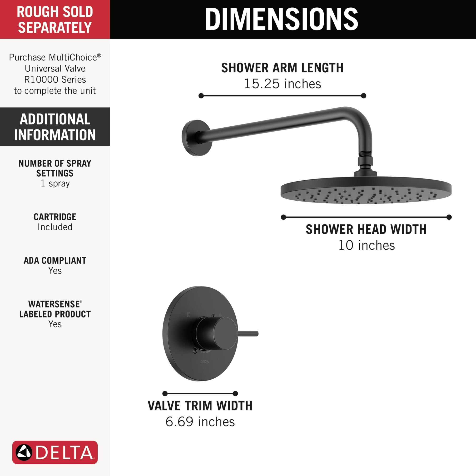 Delta Faucet Modern Raincan Round Single-Function Shower Valve Trim Kit in Matte Black - T14269-BL-PP (Valve Not Included) - Includes Rainfall Shower Head & Faucet Set for Luxurious Bathroom Upgrade - Perfect for Modern Home, Spa, and Hotel Style Bathrooms