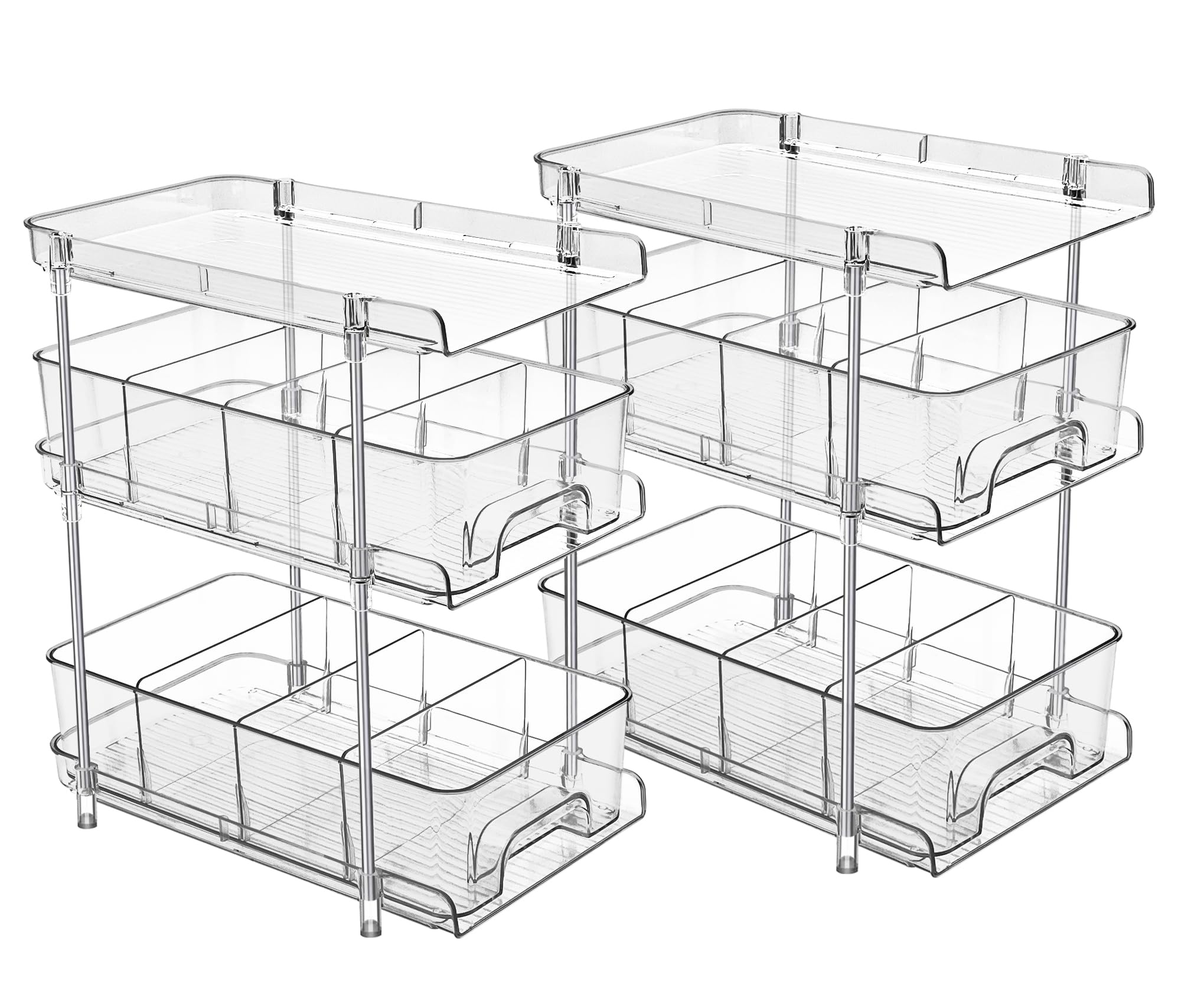 Hsuner 2-Pack 3-Tier Clear Under Sink Organizer with Pull-Out Drawers & 12 Dividers - Space-Saving Bathroom & Kitchen Storage for Pantry, Vanity Skincare, Snacks & Medicine - Perfect for Small Spaces & Closet Organization