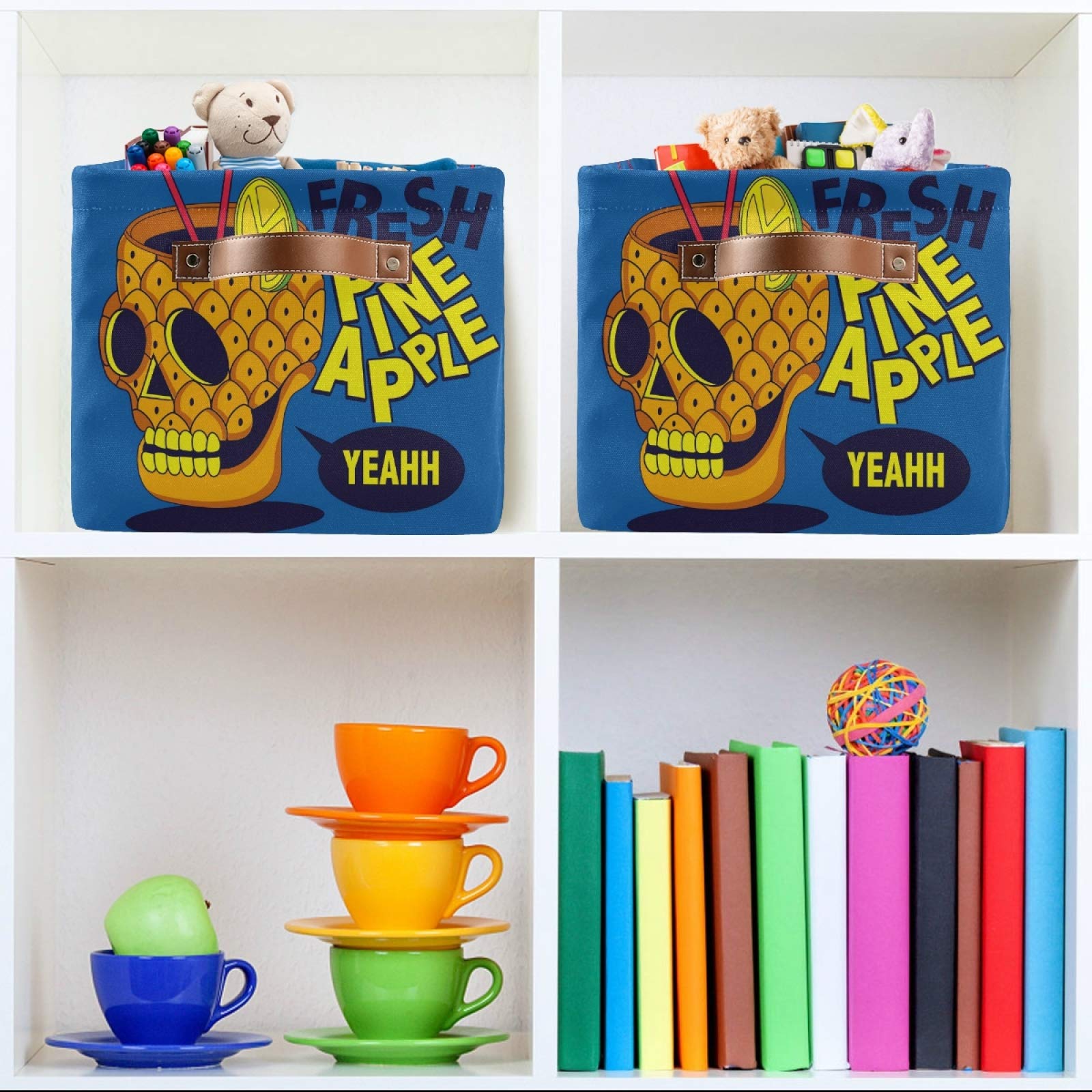 AUUXVA Skull Pineapple Storage Basket - Durable Collapsible Canvas Organizer Bin with Handles for Toys, Clothes & Home Organization | Perfect for Bedroom, Closet, Shelf & Office Storage