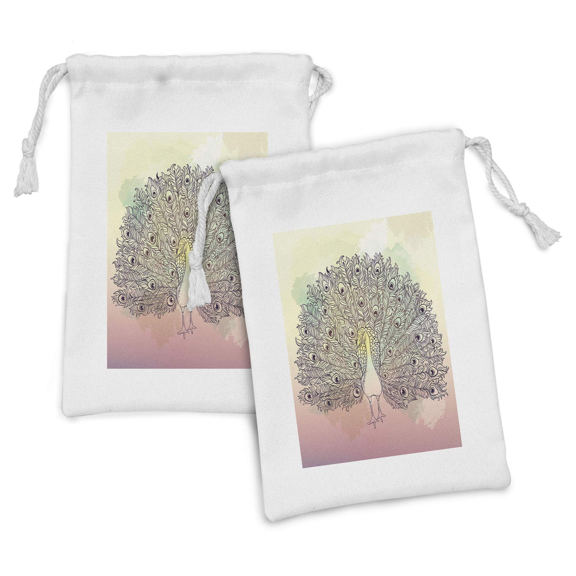 Ambesonne Peacock Fabric Pouch Set of 2 - Feathers Gradient Watercolor Sketch Bird of Juno Drawstring Bags (9