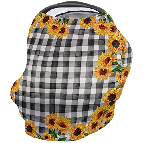 Breathable Baby Car Seat Cover & Nursing Scarf - Soft Stretchy All-in-1 Infant Stroller Cover for Boys & Girls - Sunflower & Buffalo Plaid Design (Black/White) - Perfect for Travel, Breastfeeding & Outdoor Protection