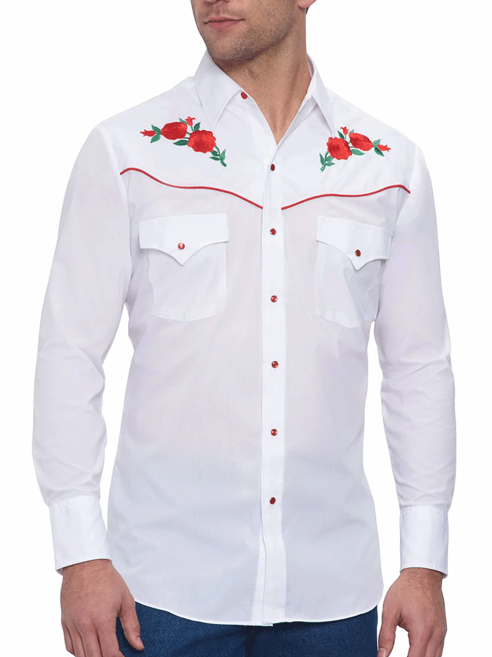 Ely Cattleman Men's Western Shirt with Red Rose Embroidery - Long Sleeve White Cowboy Shirt for Rodeo, Country Music Festivals & Casual Wear