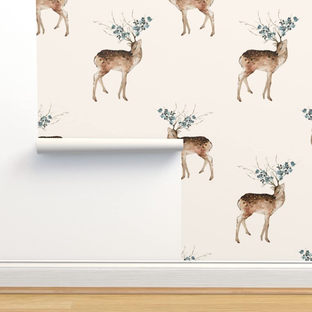 12ft x 2ft Peel & Stick Removable Wallpaper - Watercolor Woodland Deer Boho Floral Design for Nursery, Bedroom & Living Room | Gender Neutral Forest Animal Theme | Easy DIY Home Decor by Spoonflower